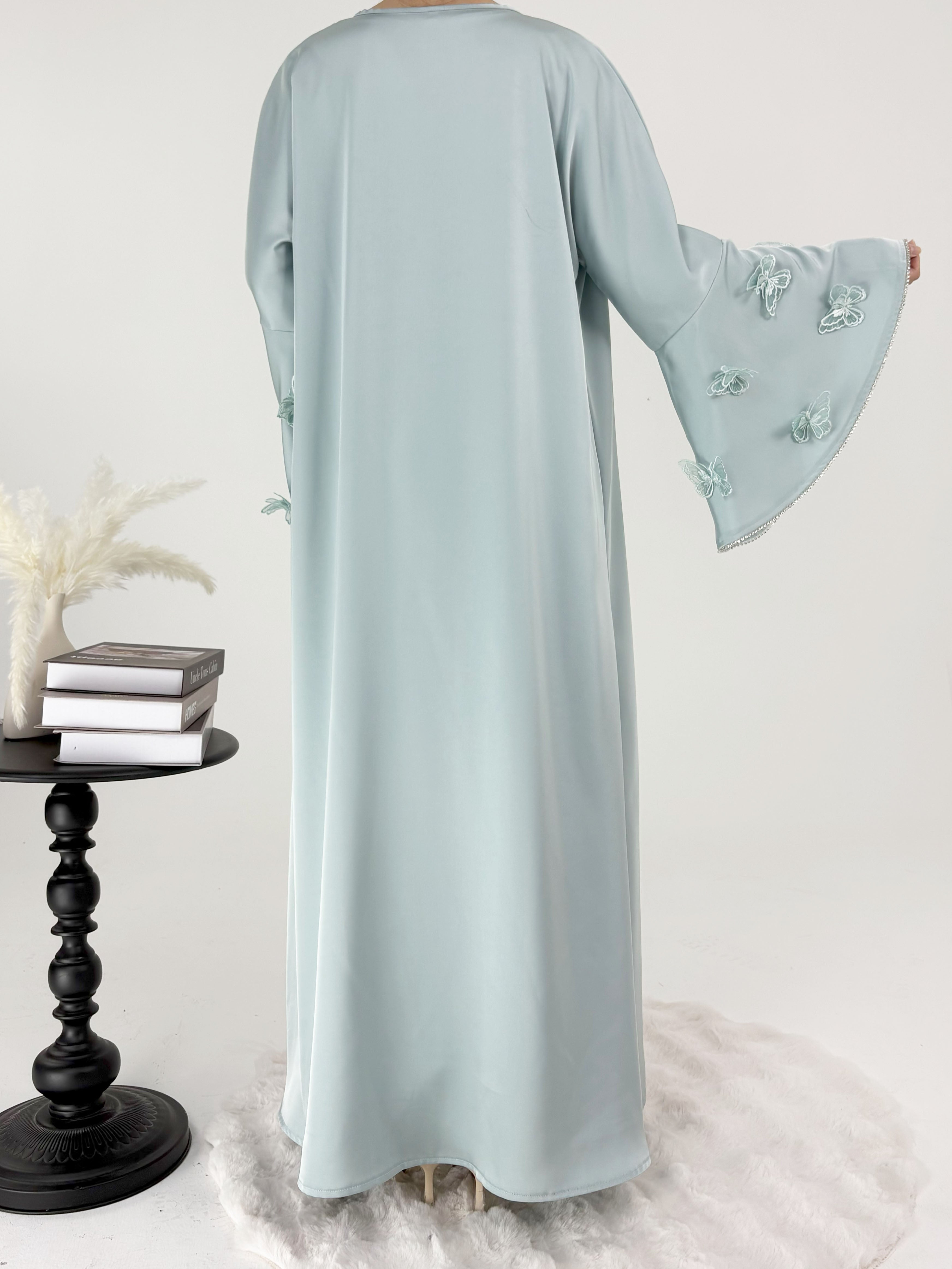 2 Pcs Butterfly Satin Abaya with Crystal Chain
