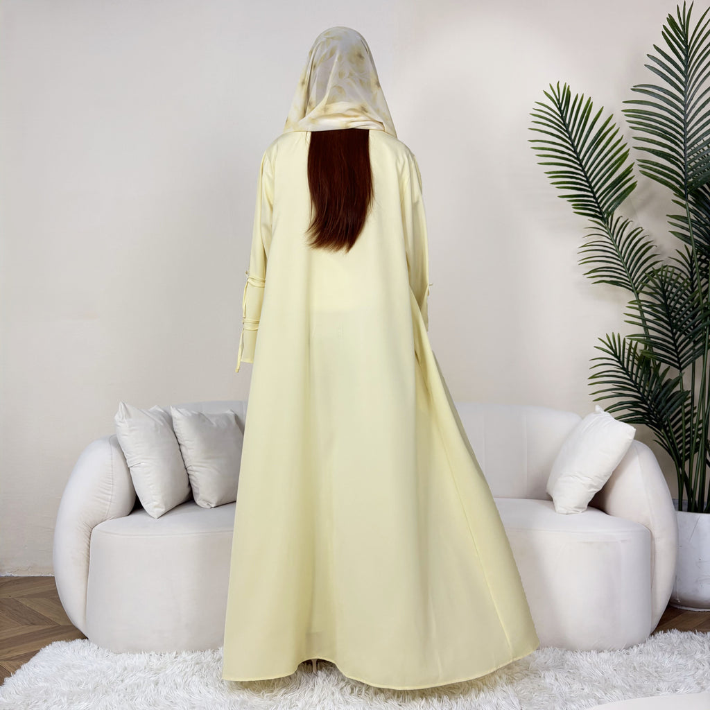 Solid Color Bow-Cuff Abaya with Hijab