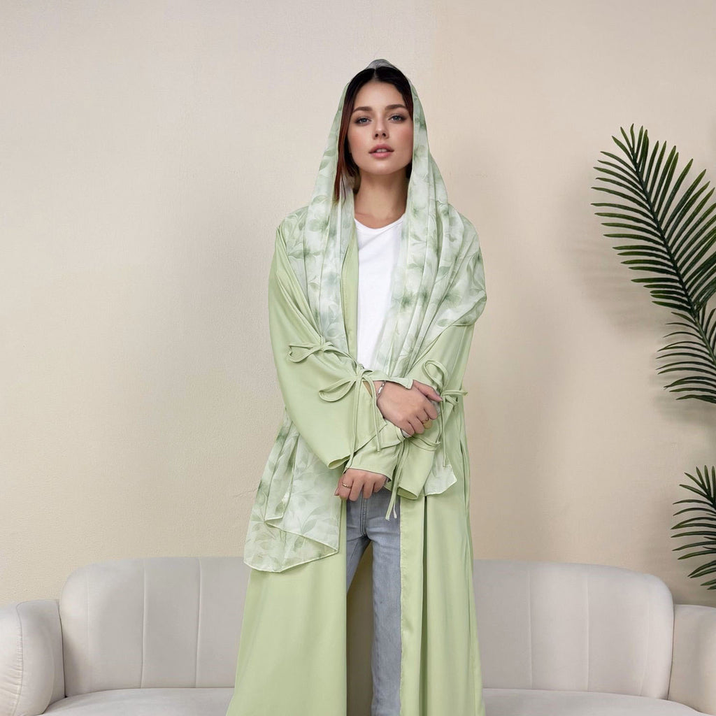 Solid Color Bow-Cuff Abaya with Hijab