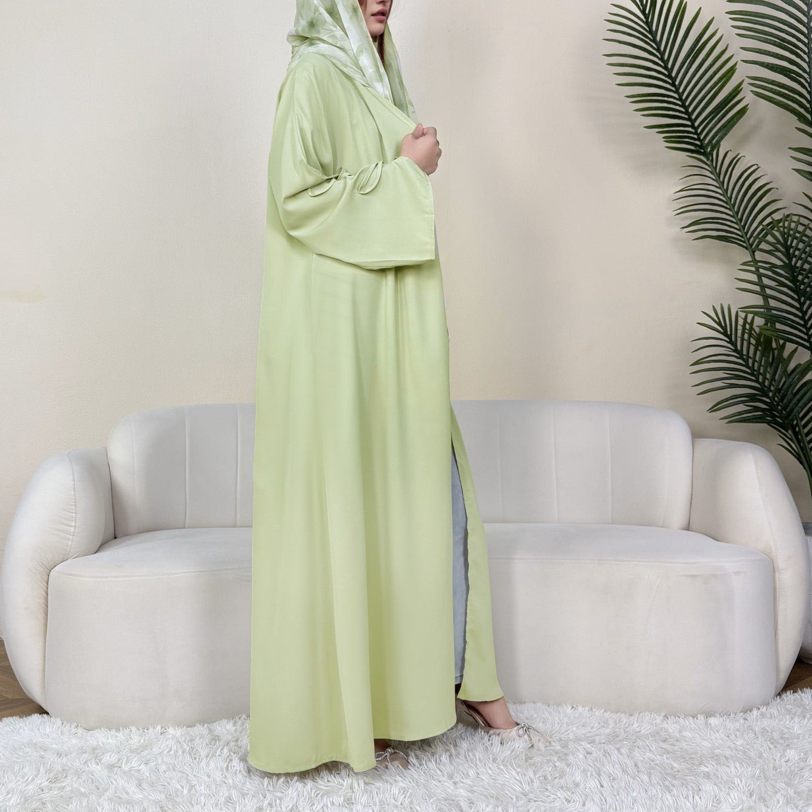 Solid Color Bow-Cuff Abaya with Hijab