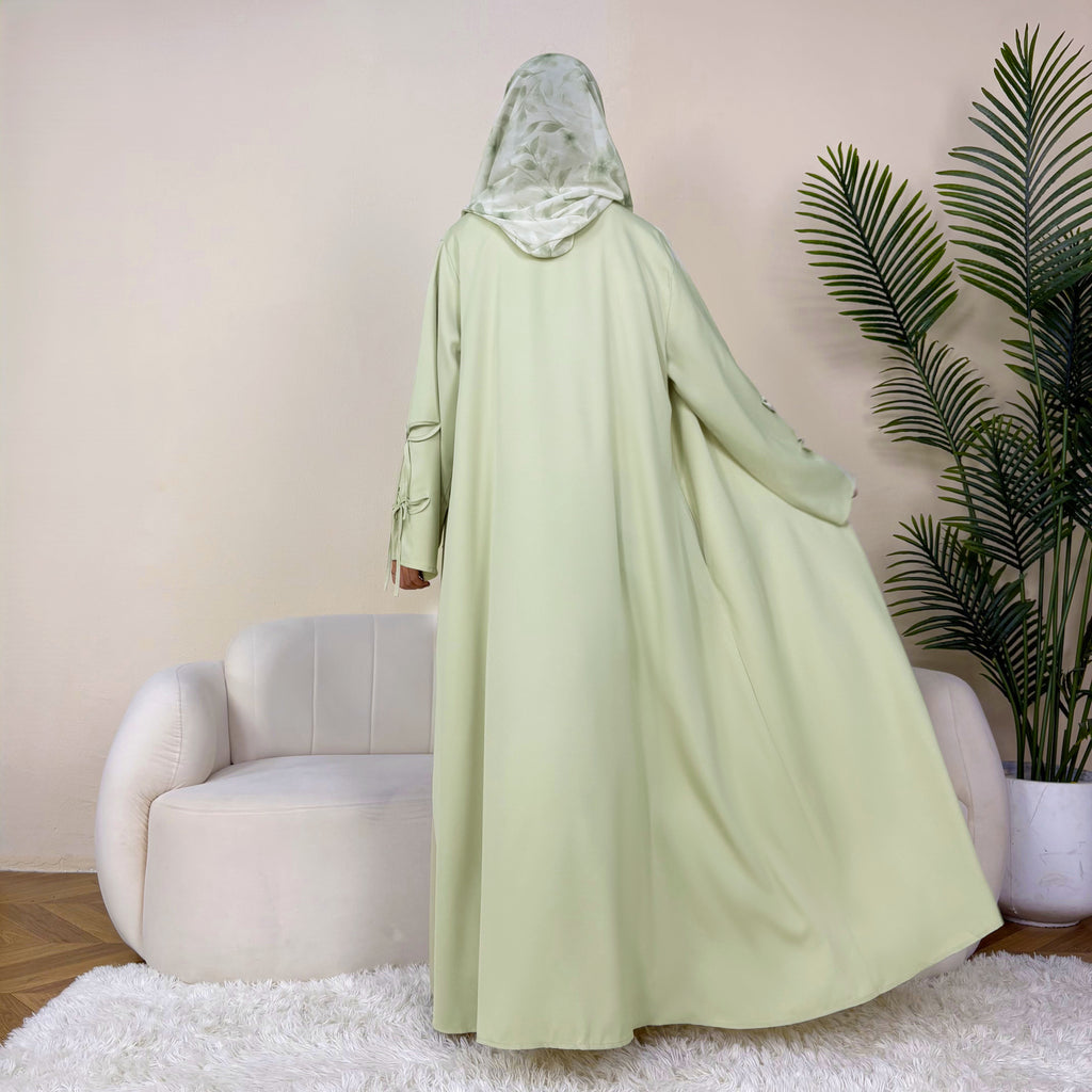 Solid Color Bow-Cuff Abaya with Hijab