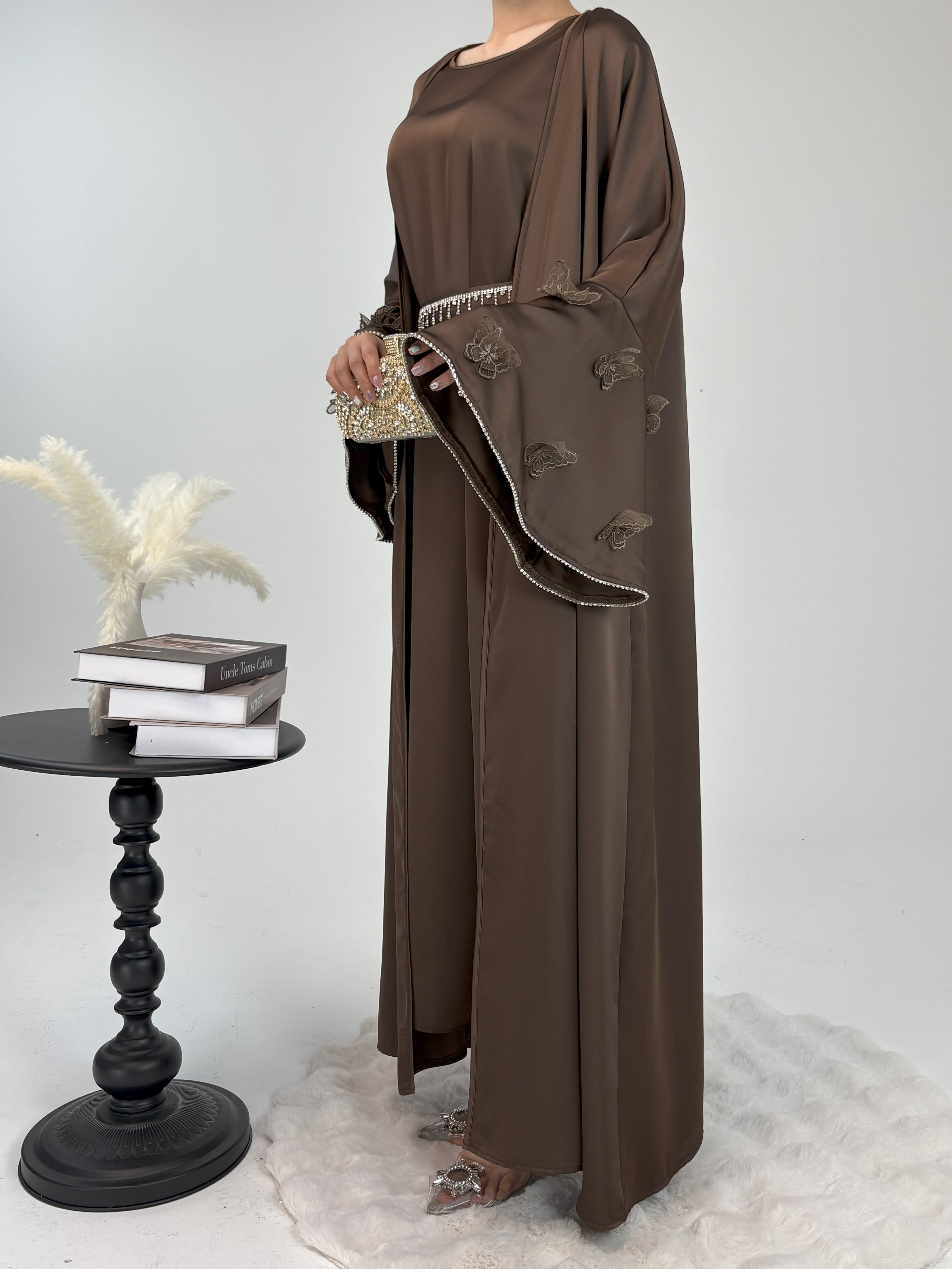 2 Pcs Butterfly Satin Abaya with Crystal Chain