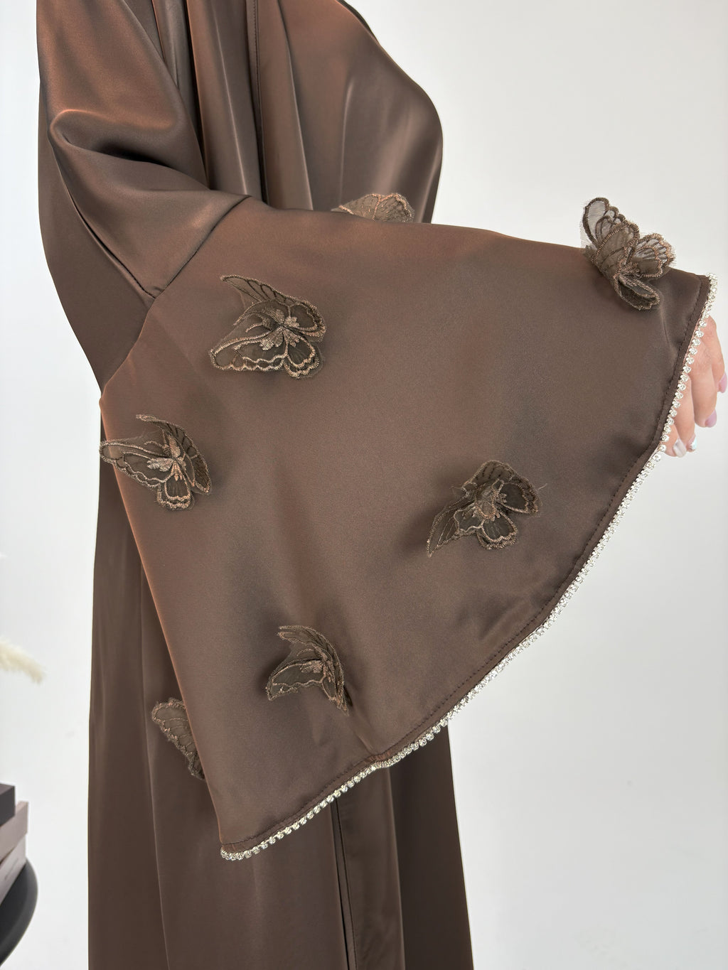 2 Pcs Butterfly Satin Abaya with Crystal Chain