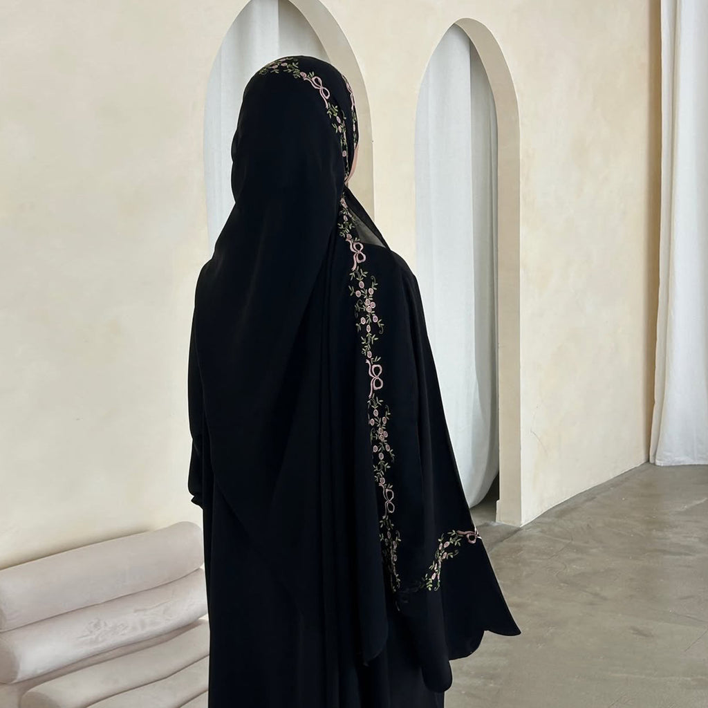 Flower Embroidered Solid Color Cardigan Abaya