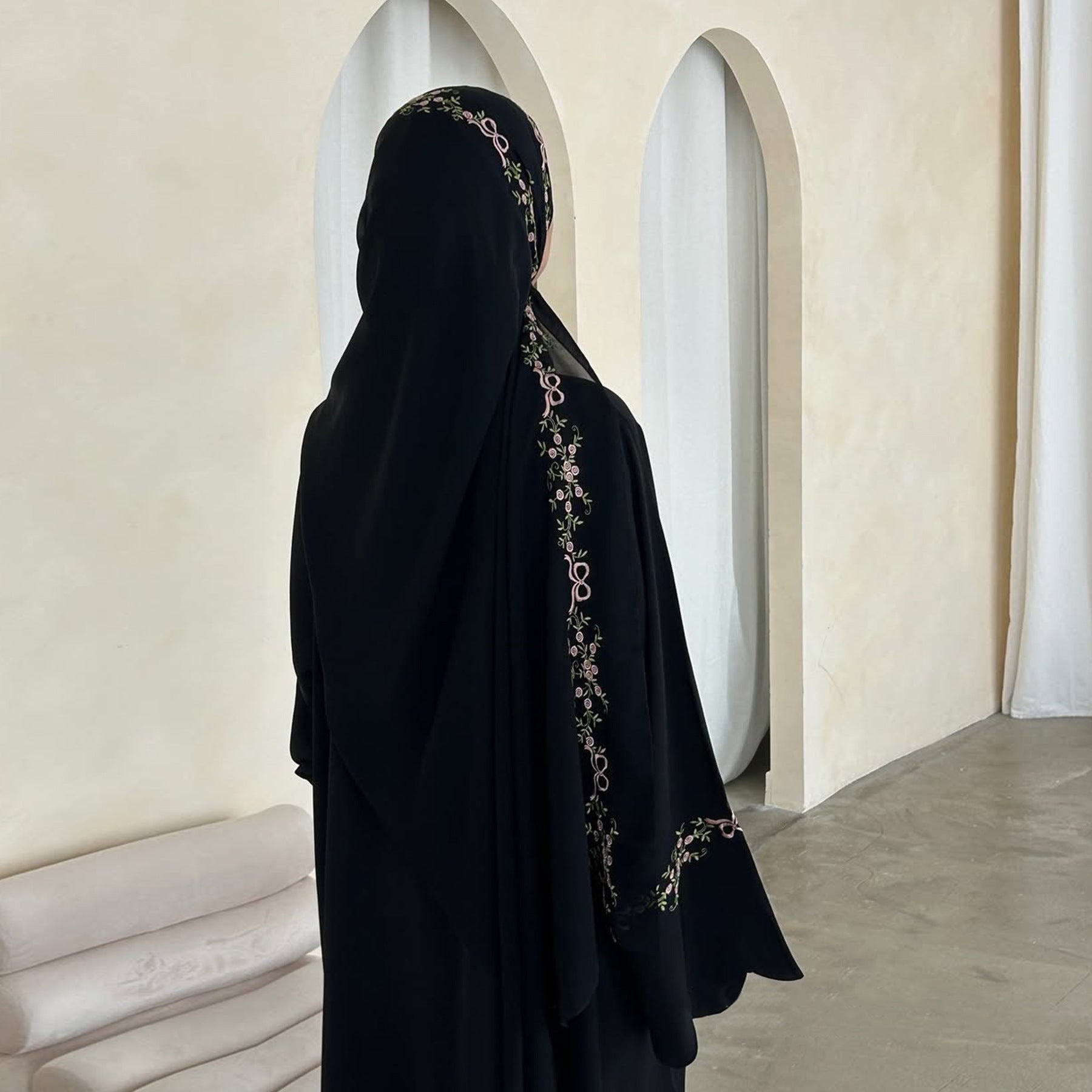 Flower Embroidered Solid Color Cardigan Abaya