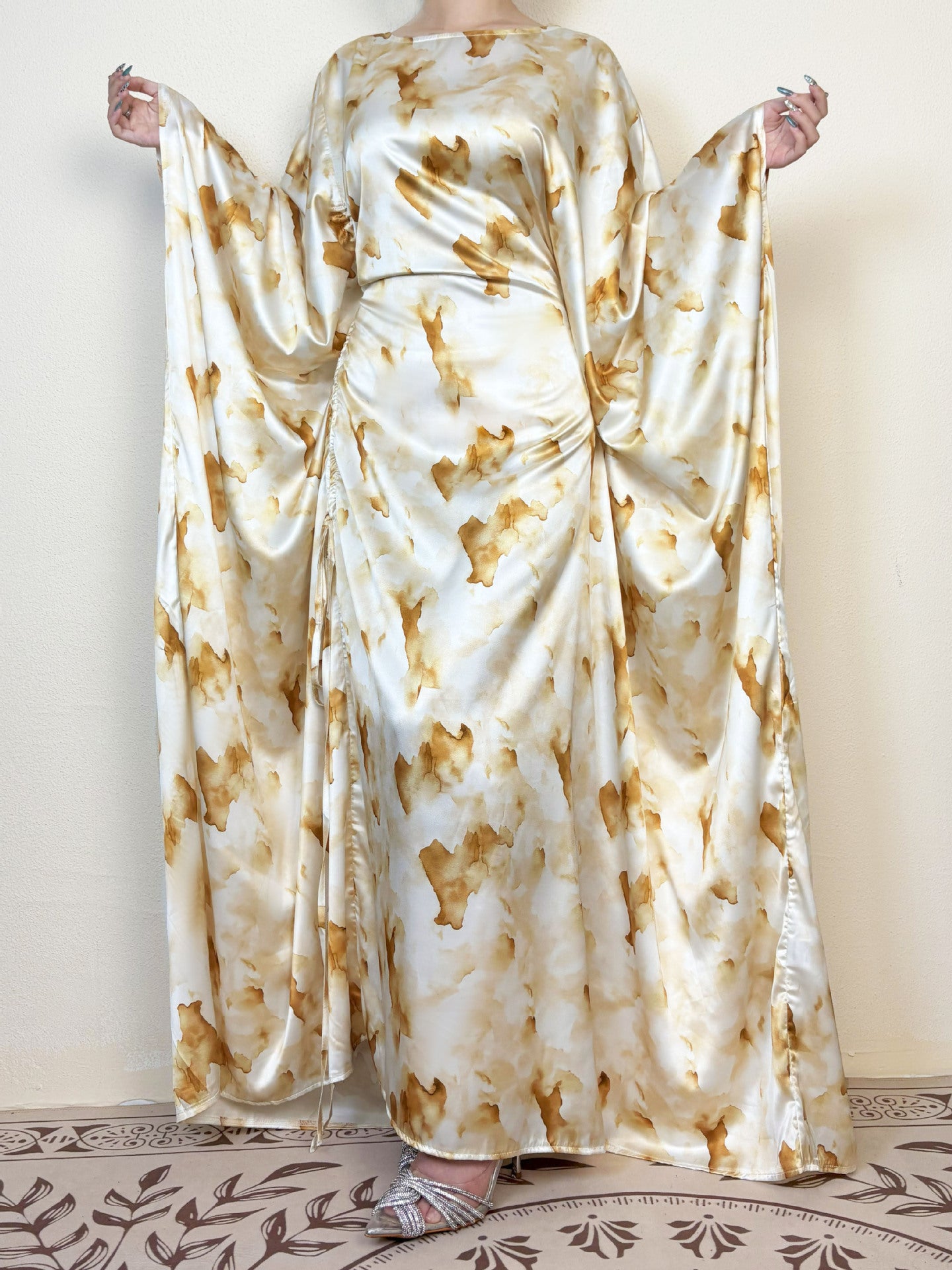 Yellow Waist-Cinched Printed Abaya