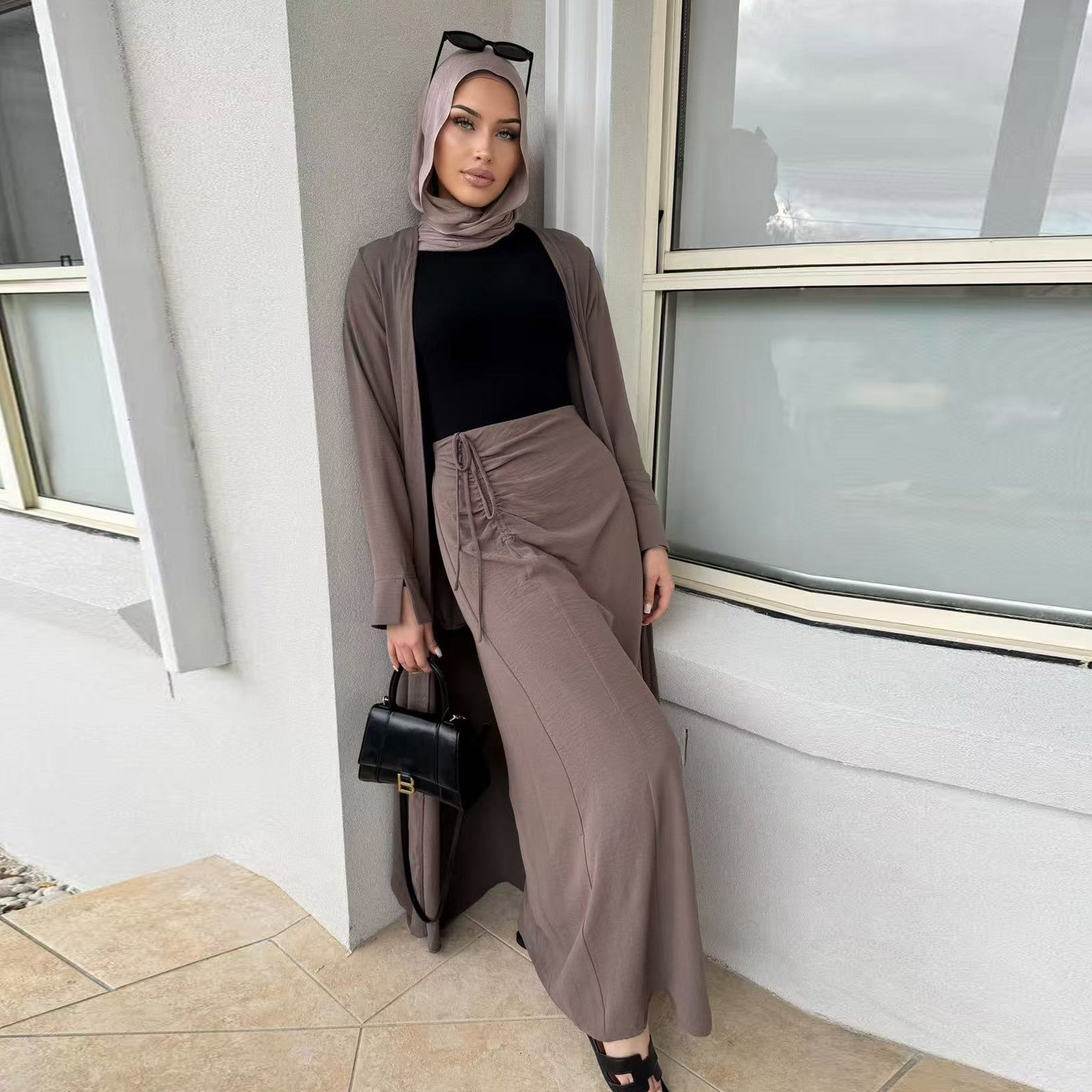 2 Pcs Abaya Solid Color Cardigan and Skirt