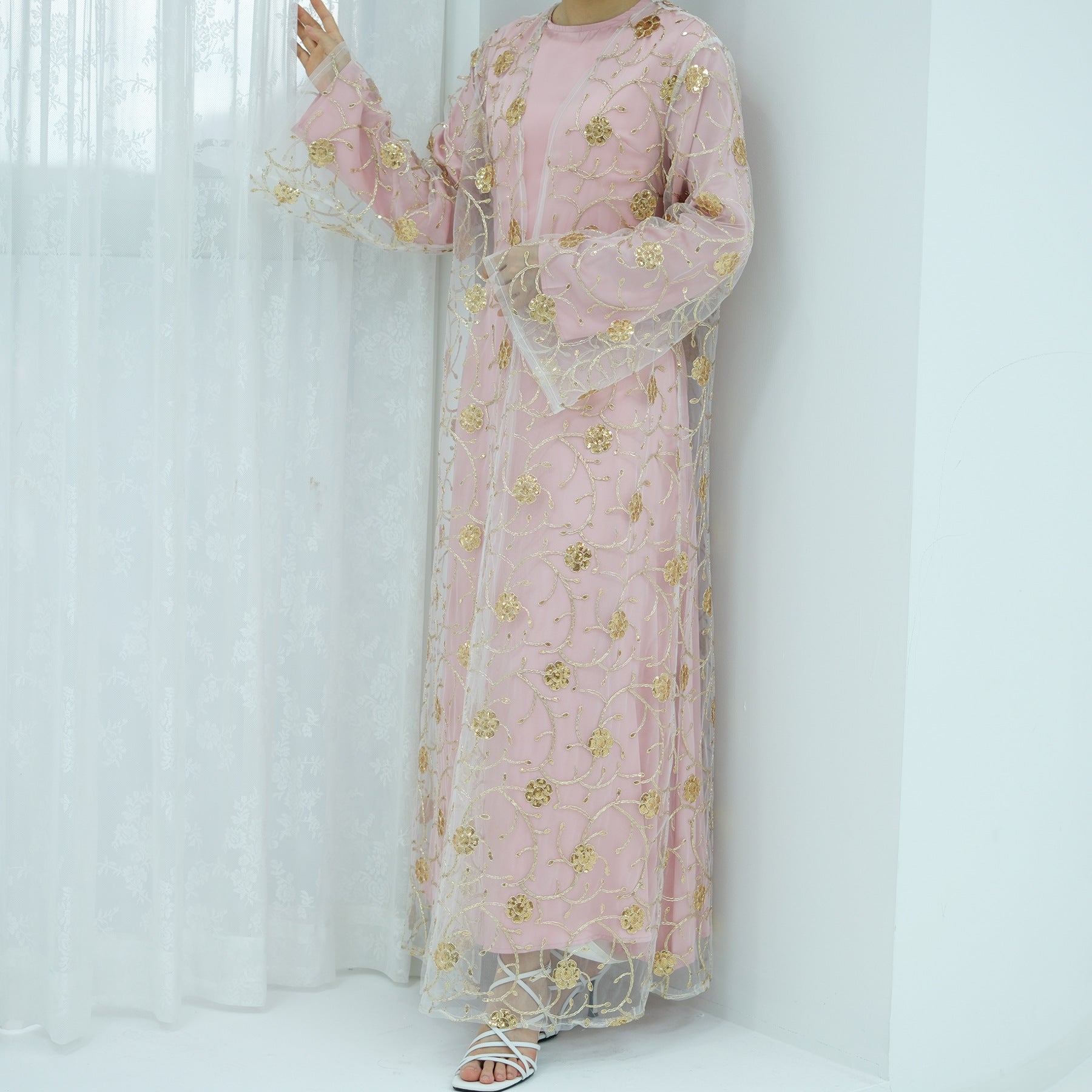 Golden Hook Flower Embroidered Cardigan Abaya