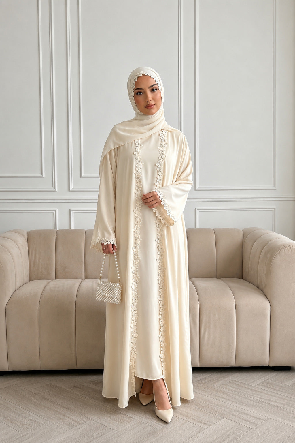 Yellow Lace Open Abaya with Hijab