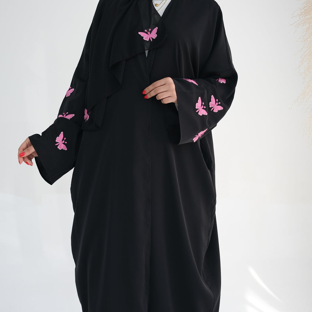 Embroidered Butterfly Print Kaftan with Hijab