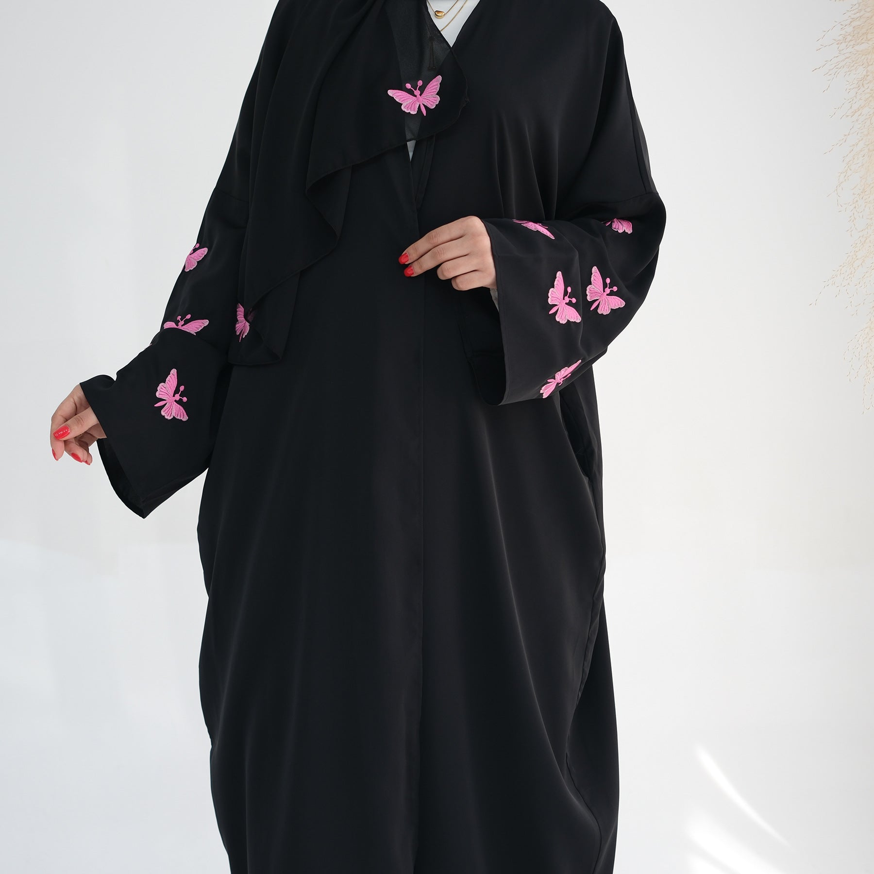 Embroidered Butterfly Print Kaftan with Hijab