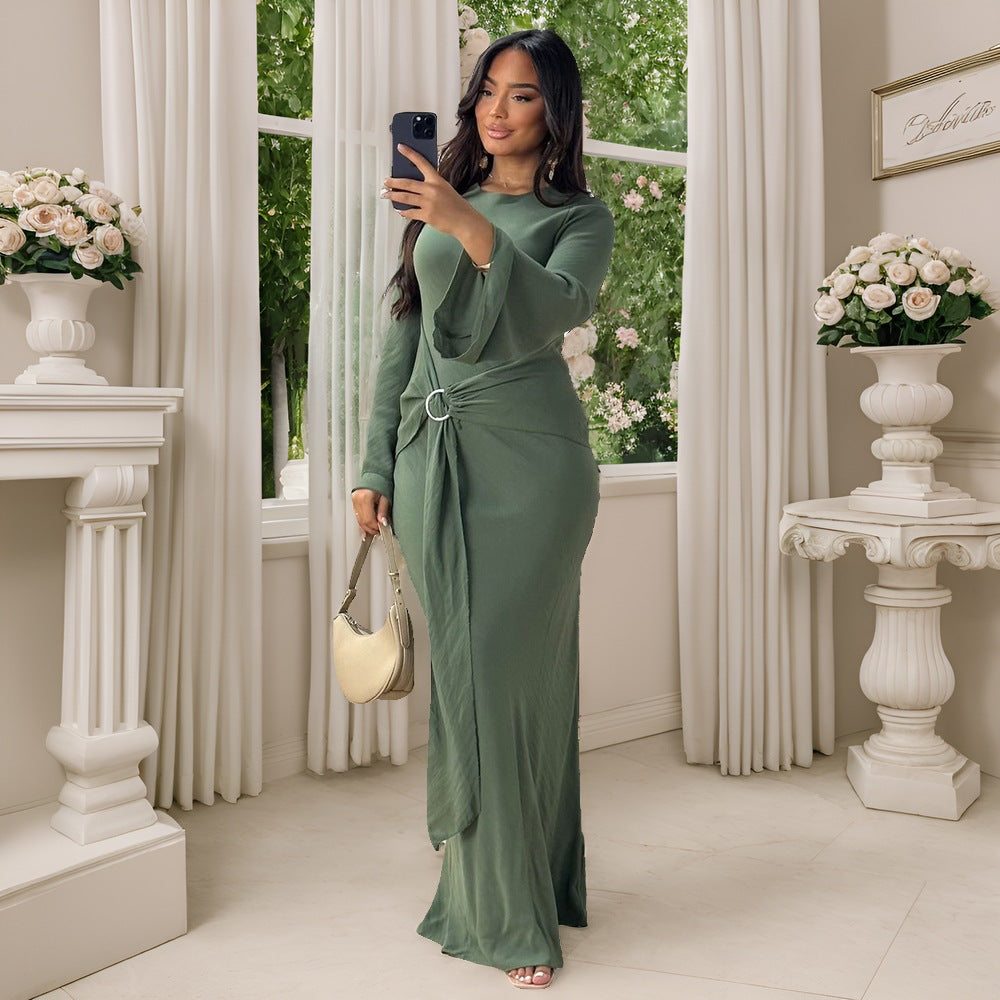 Solid Color Metal Buckle Strap Abaya