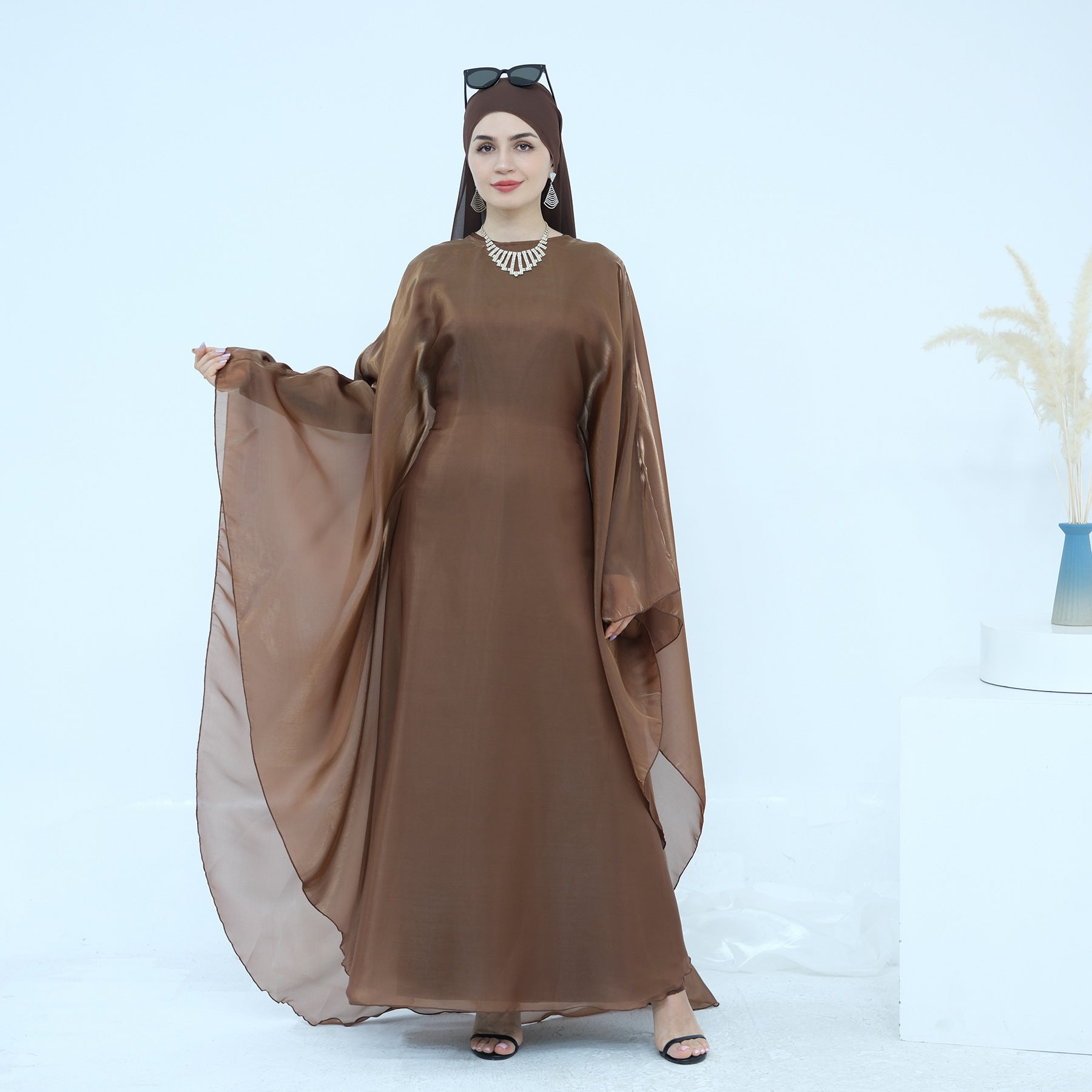 Lace Trim Solid Color 2PCS Abaya with  Hijab