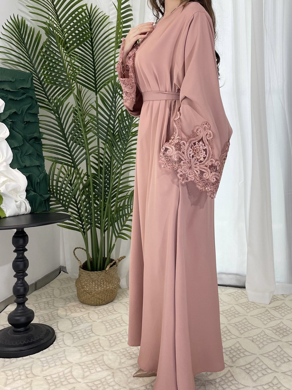 Solid Color Floral Lace Abaya