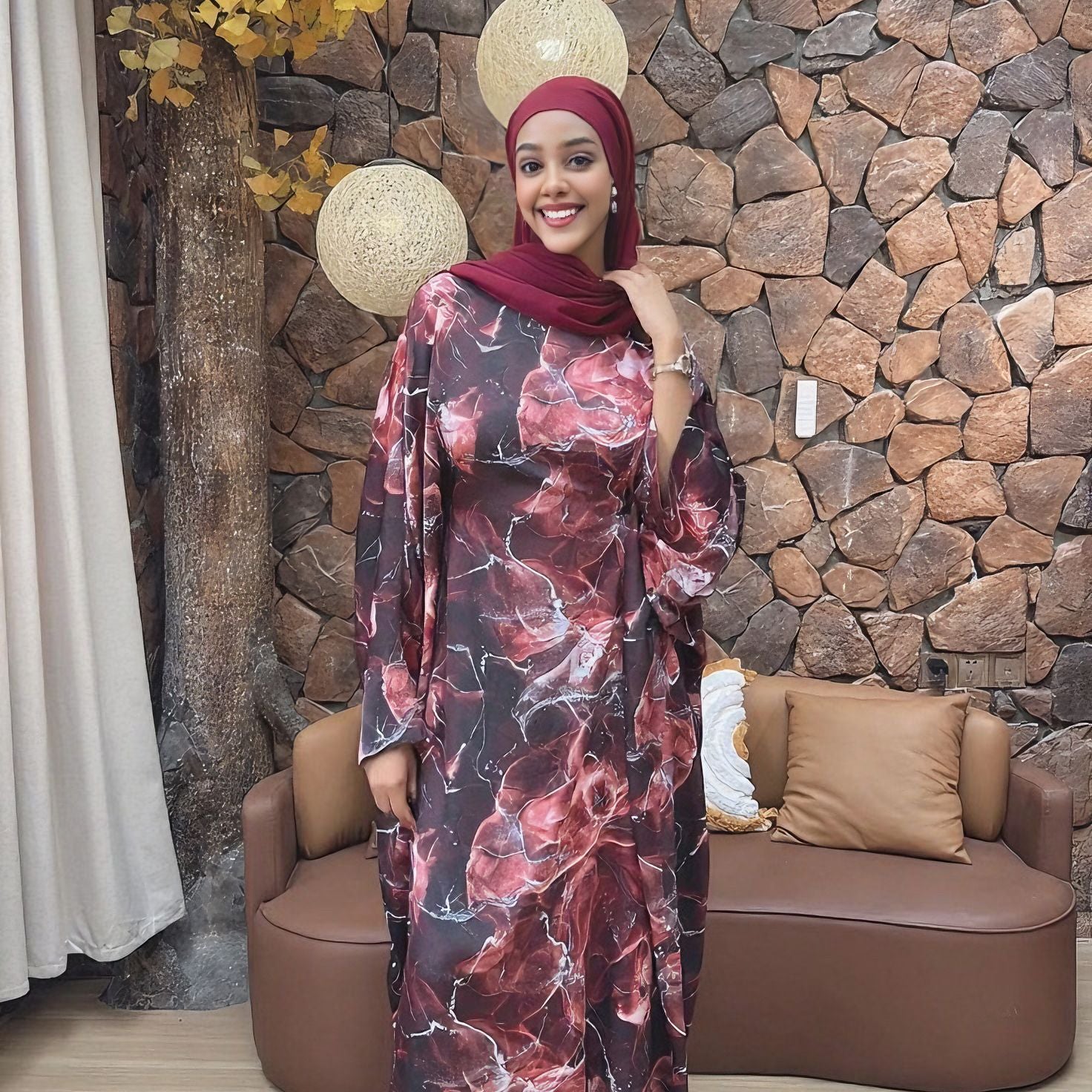 Ankle-length Fitted Waist Printed Dress Abaya