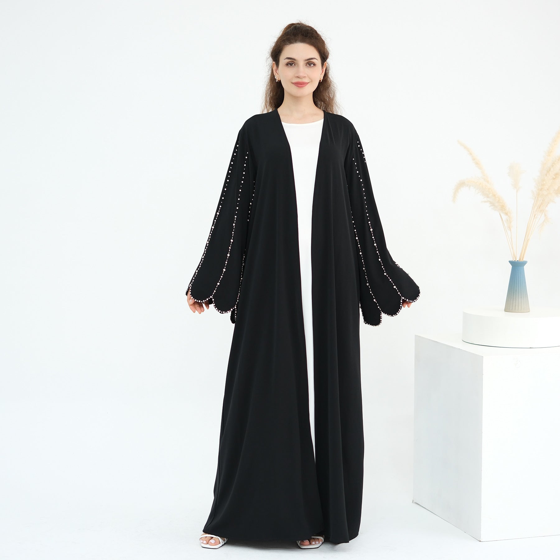 Beaded Line Trimmed Open Front Abaya