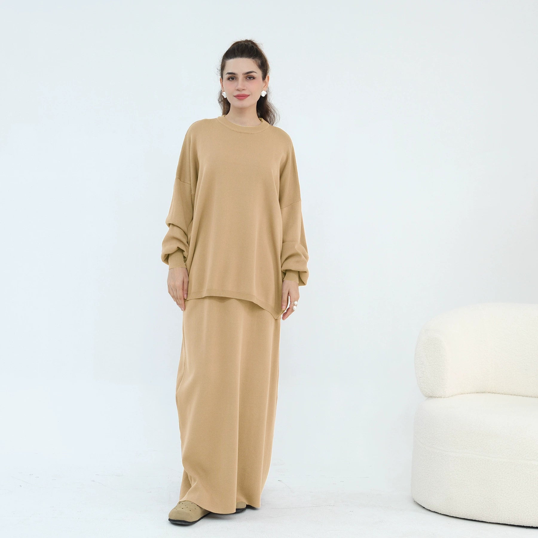 Thickened Knitted Solid Color Dress Set