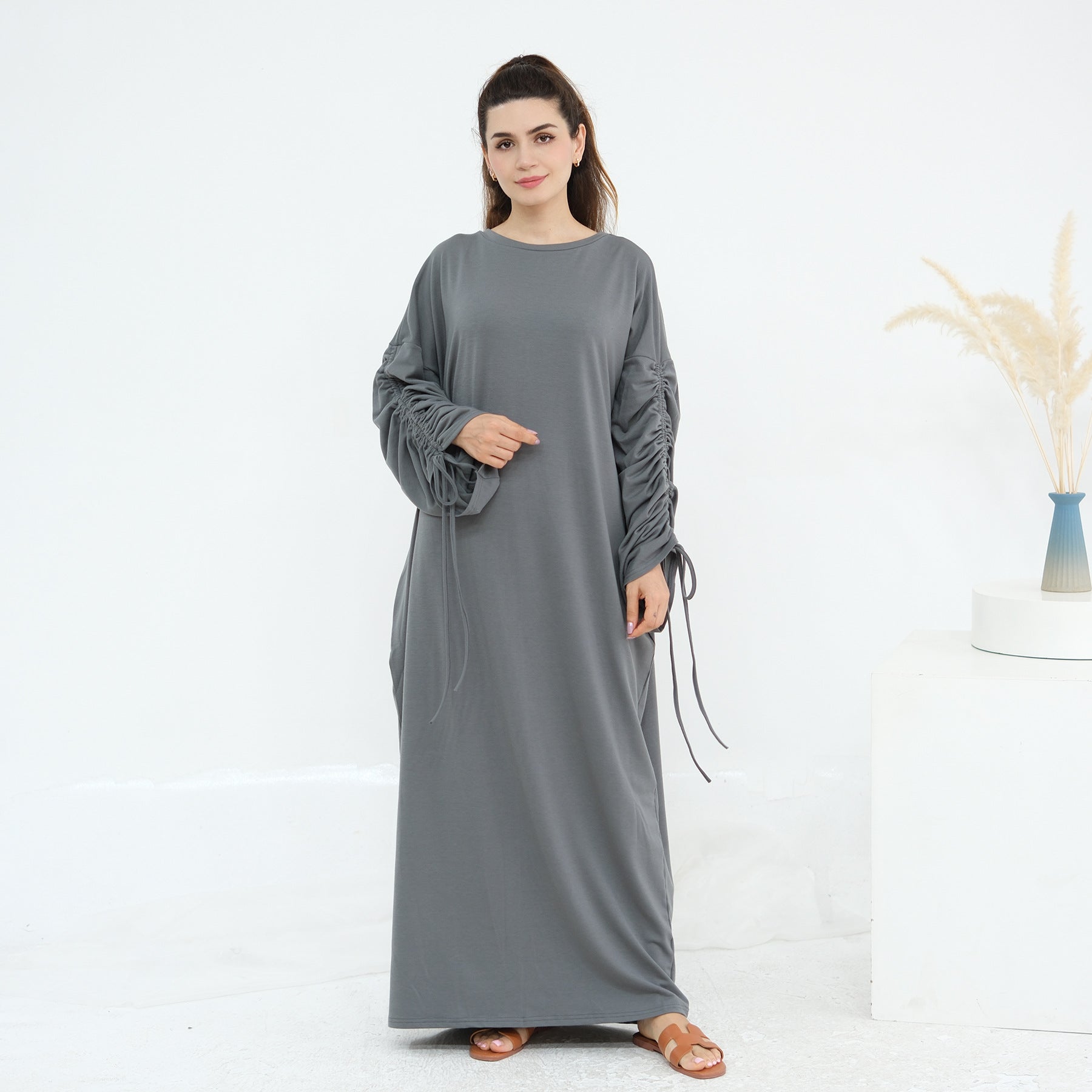 Solid Color Dress with Drawstring Cuffs Abaya