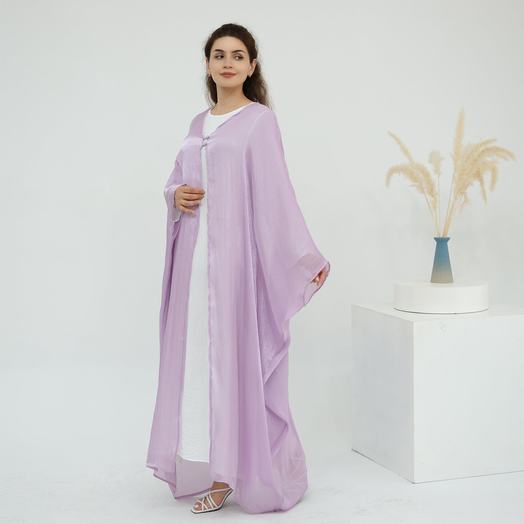 Solid Color Island Wrinkle Dress Abaya with Hijab