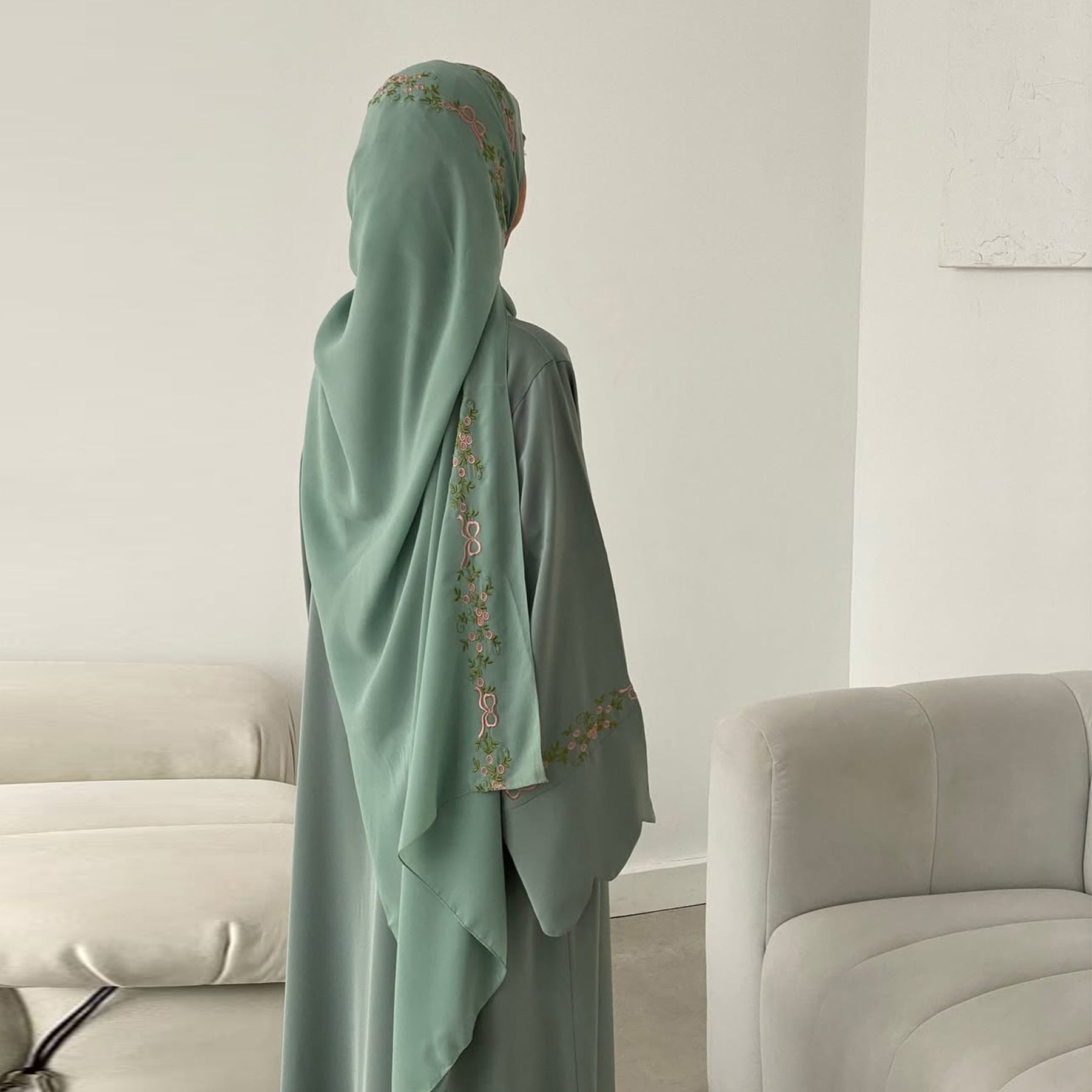 Flower Embroidered Solid Color Cardigan Abaya