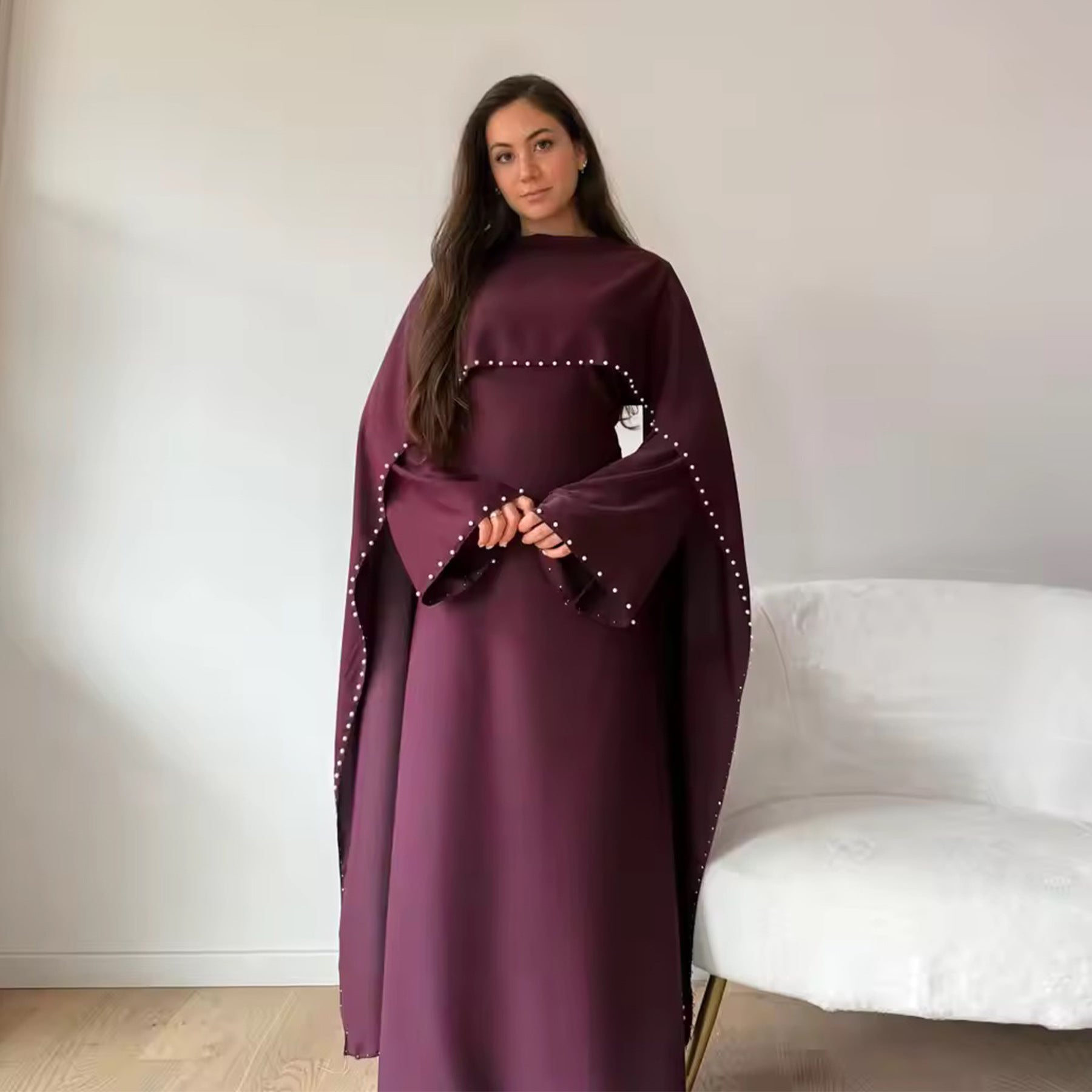 Pearl Beaded Satin Abaya Dress