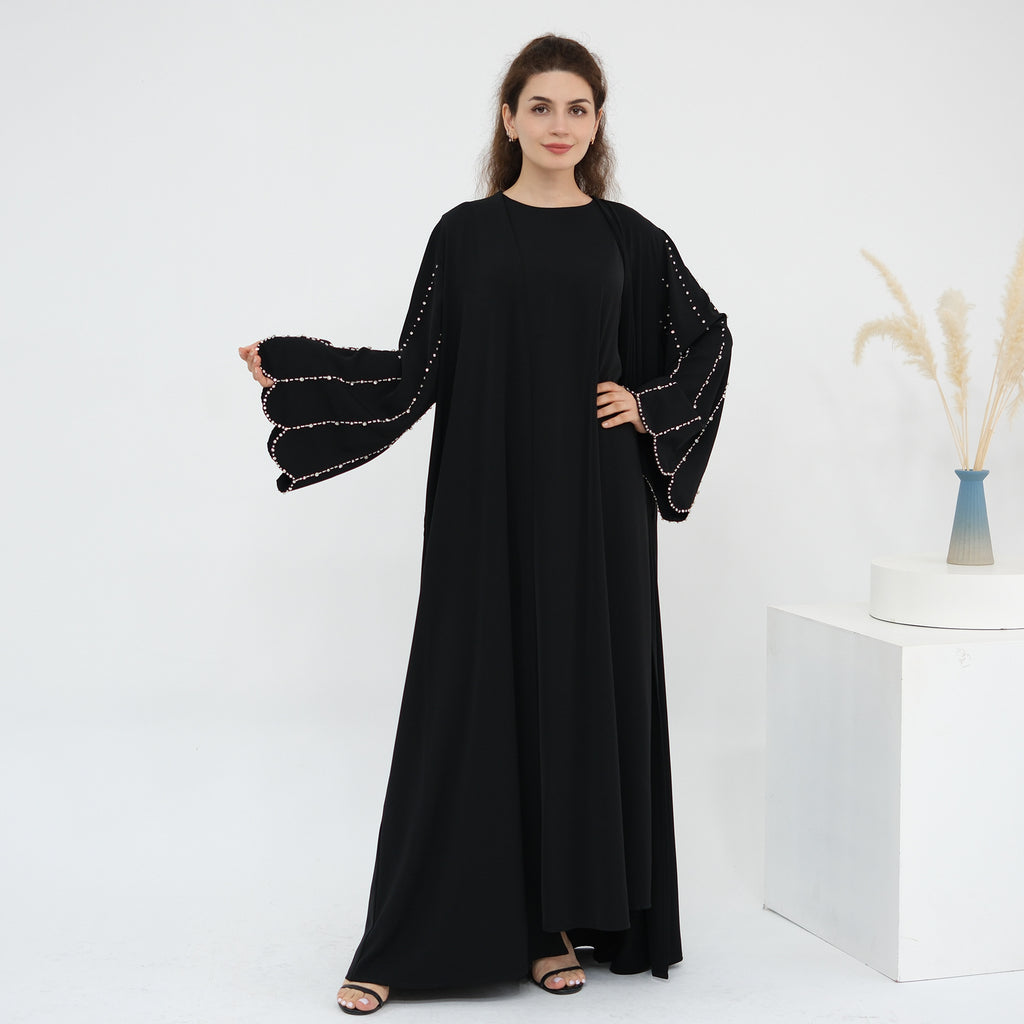 Beaded Line Trimmed Open Front Abaya