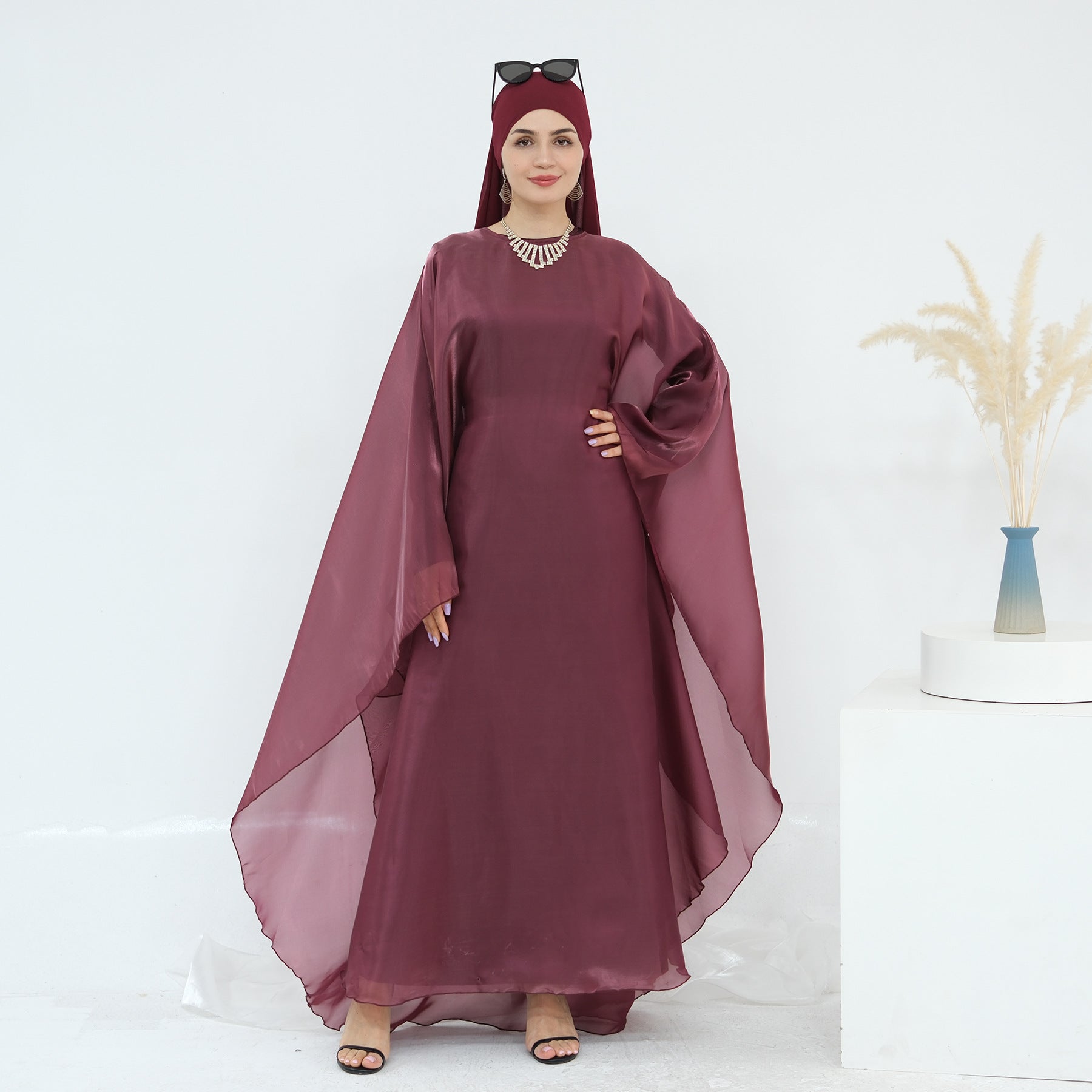Lace Trim Solid Color 2PCS Abaya with  Hijab
