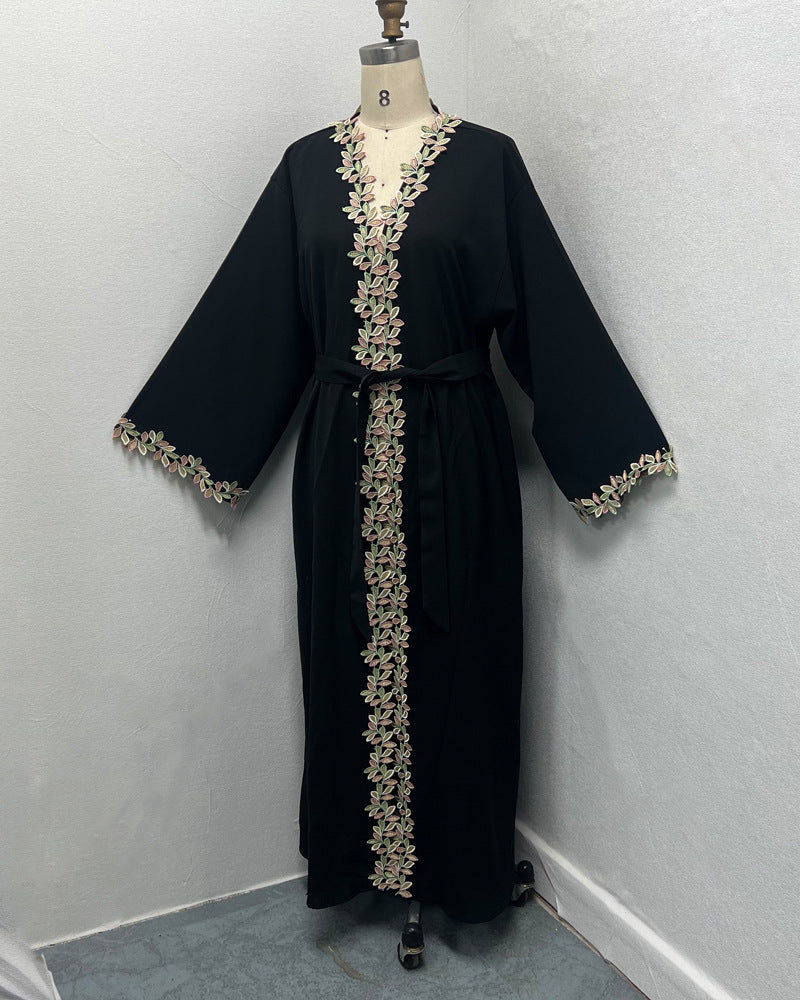 Elegant Leaf Embroidered Open Abaya