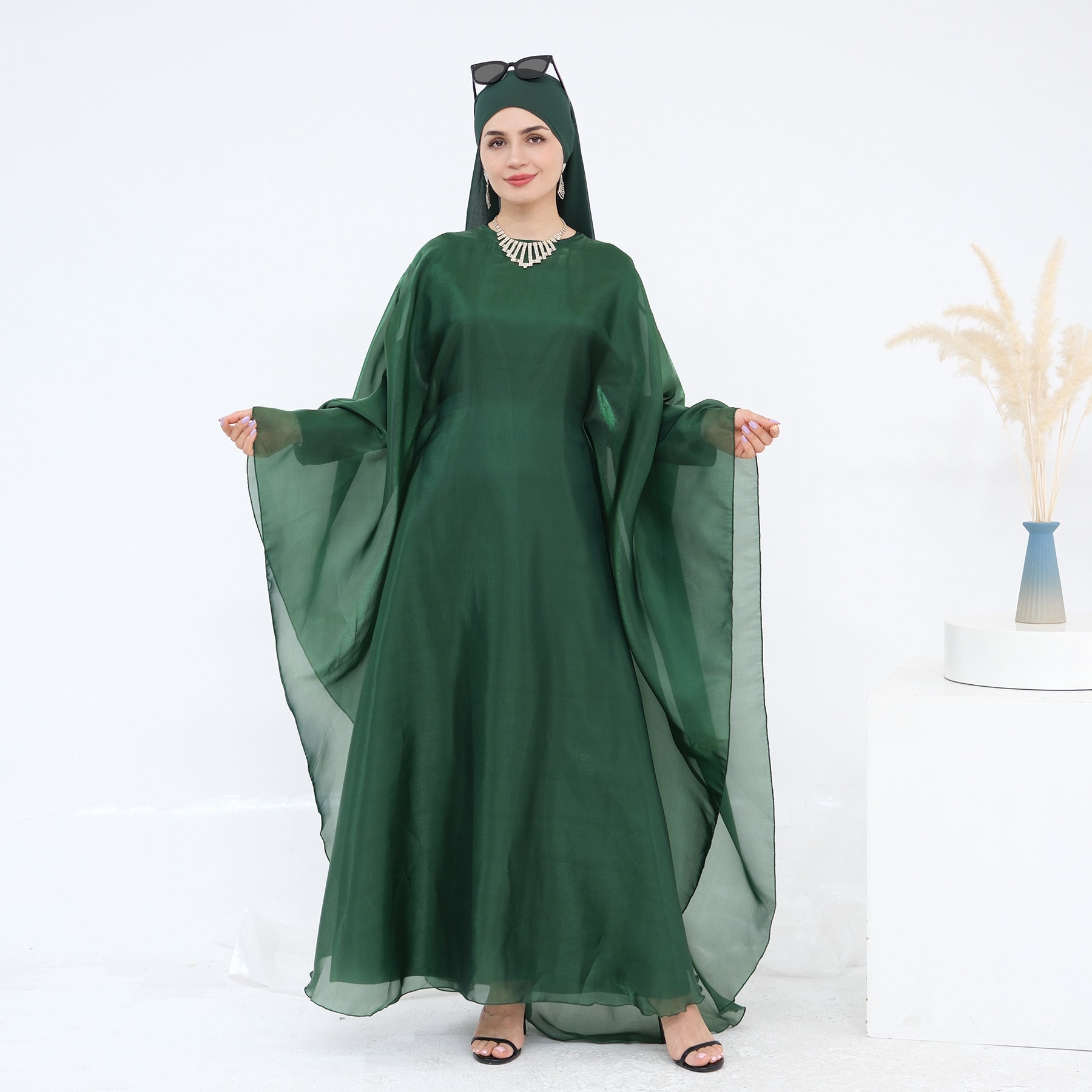 Lace Trim Solid Color 2PCS Abaya with  Hijab