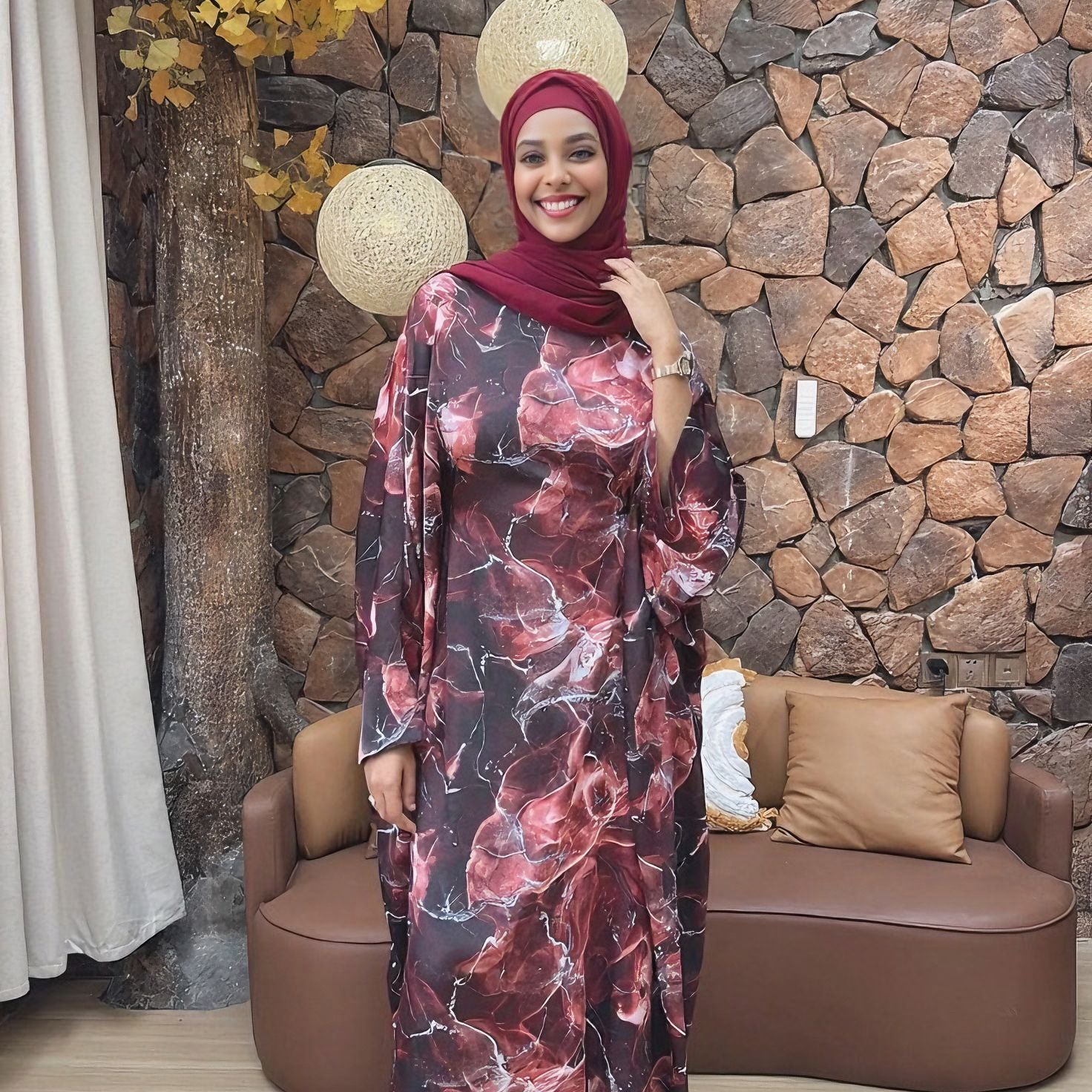 Ankle-length Fitted Waist Printed Dress Abaya
