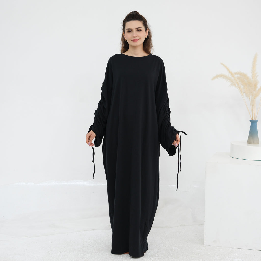 Solid Color Dress with Drawstring Cuffs Abaya