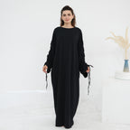 Solid Color Dress with Drawstring Cuffs Abaya