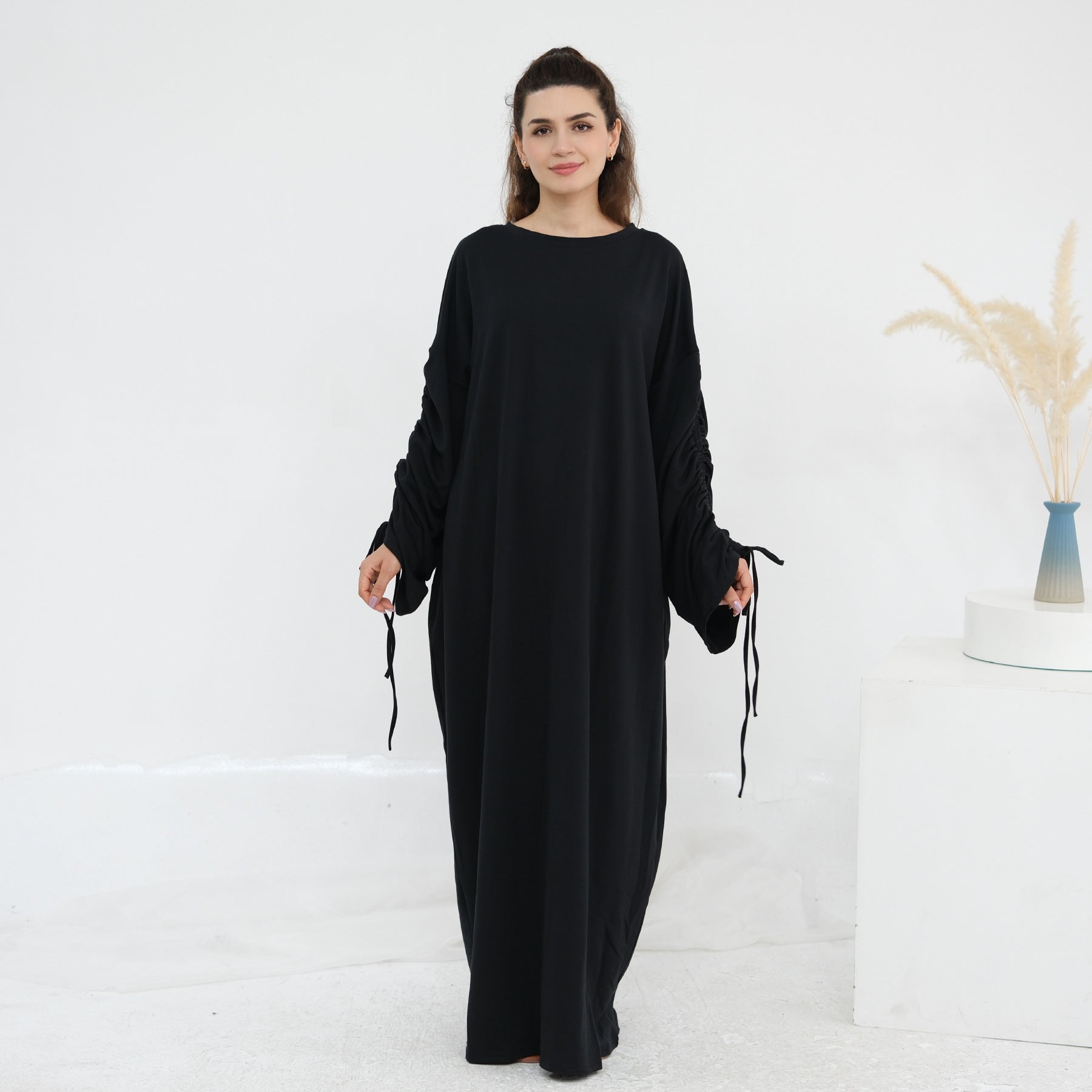 Solid Color Dress with Drawstring Cuffs Abaya