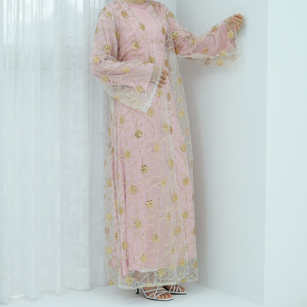 Golden Hook Flower Embroidered Cardigan Abaya