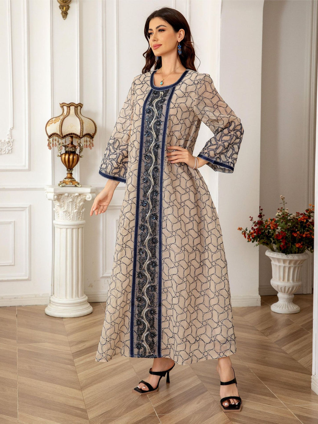 Timeless Beige and Navy Embroidered Kaftan