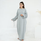 Solid Color Dress with Drawstring Cuffs Abaya