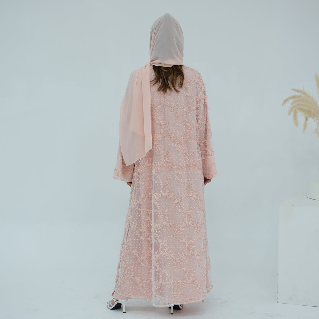 3D Floral Mesh Cardigan Abaya