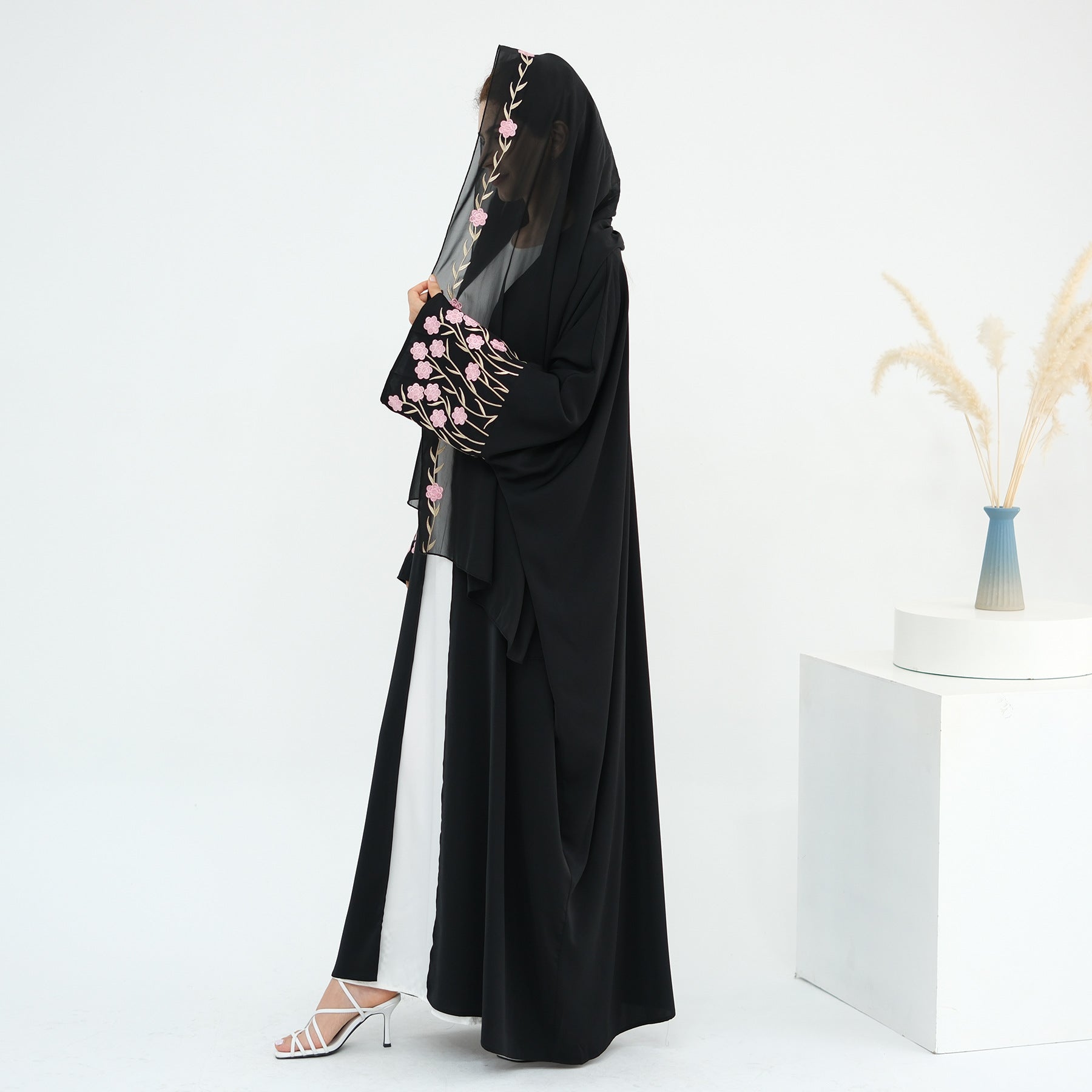 Flower Embroidery Cardigan Abaya with Hijab