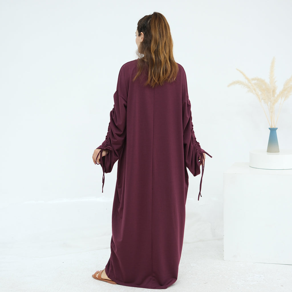 Solid Color Dress with Drawstring Cuffs Abaya