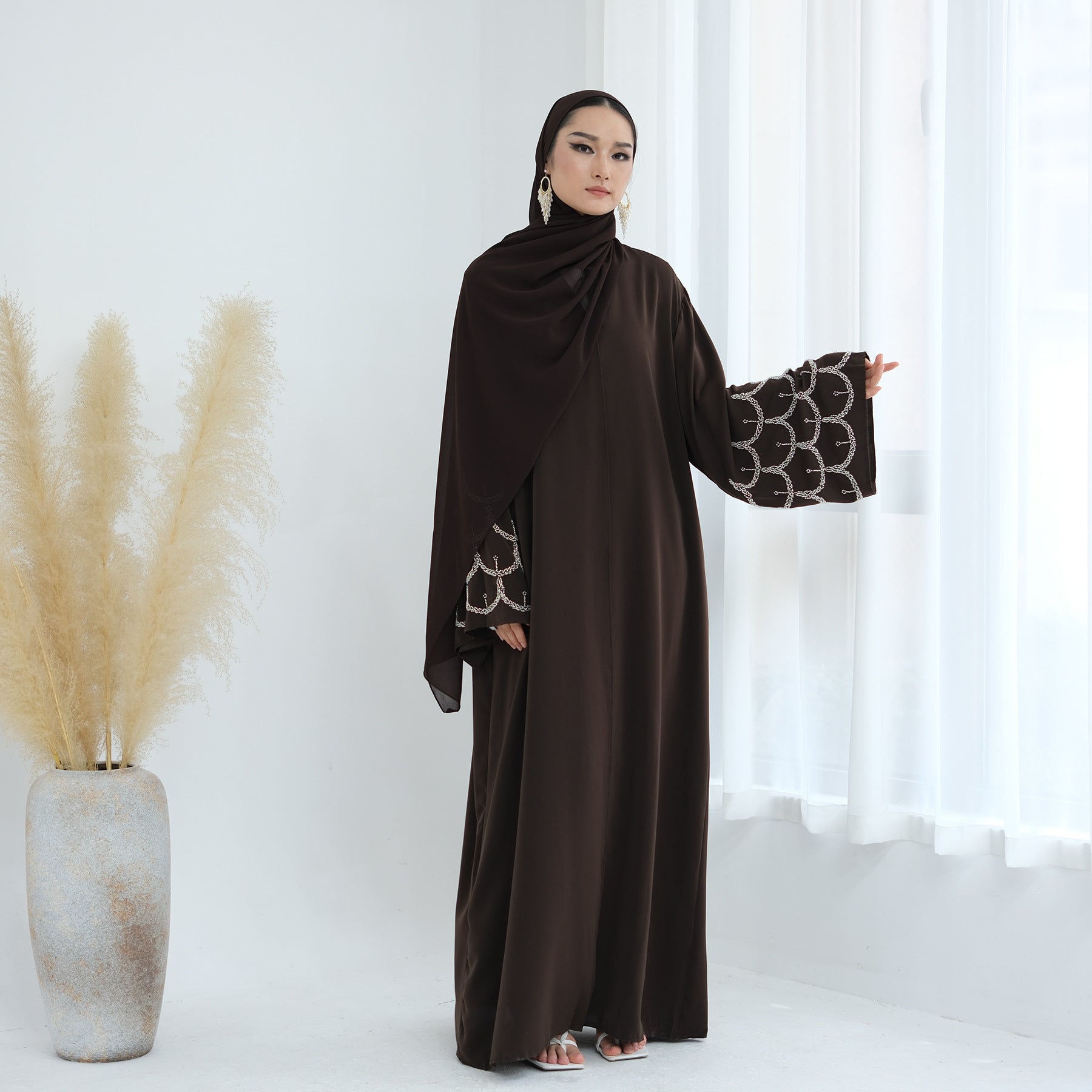 Solid Color Beaded Embroidered Cardigan Abaya