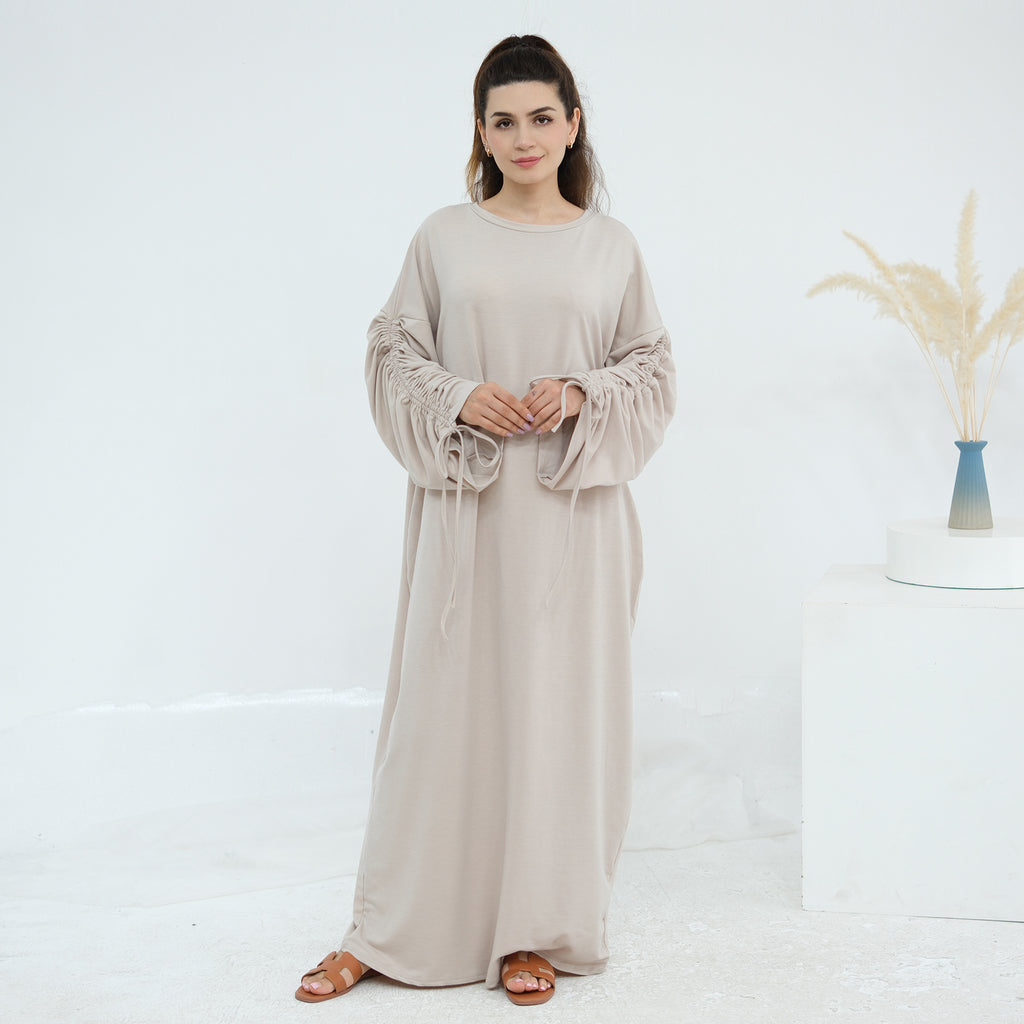 Solid Color Dress with Drawstring Cuffs Abaya