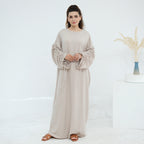 Solid Color Dress with Drawstring Cuffs Abaya