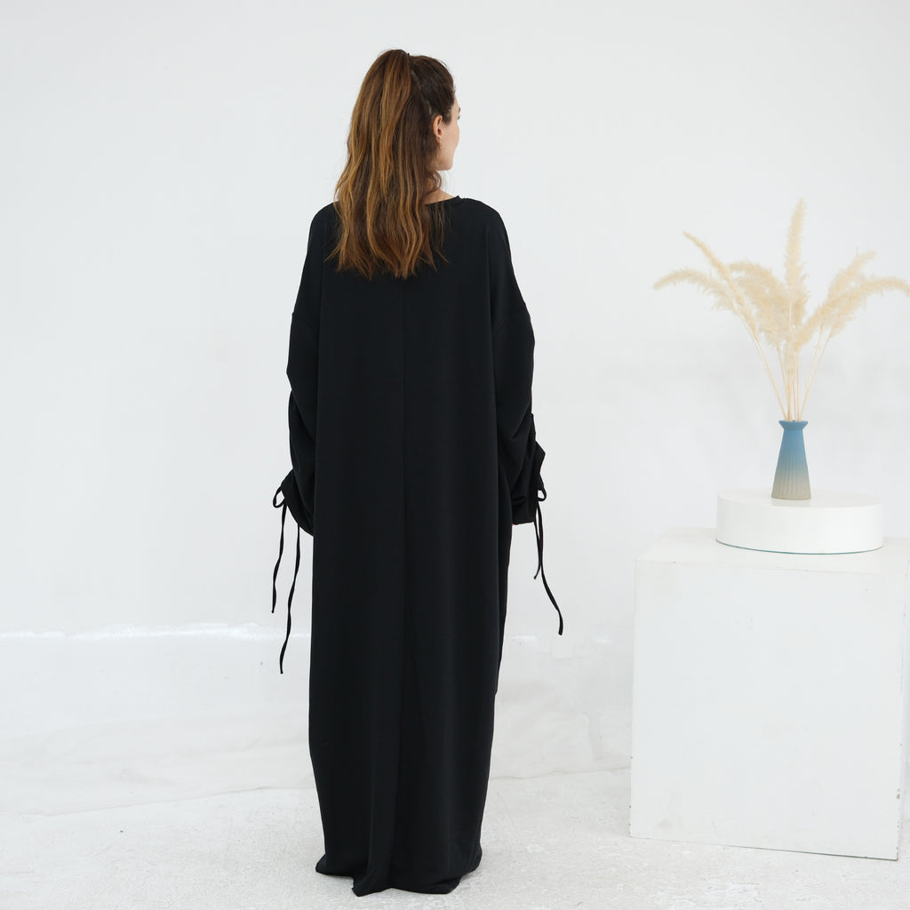 Solid Color Dress with Drawstring Cuffs Abaya