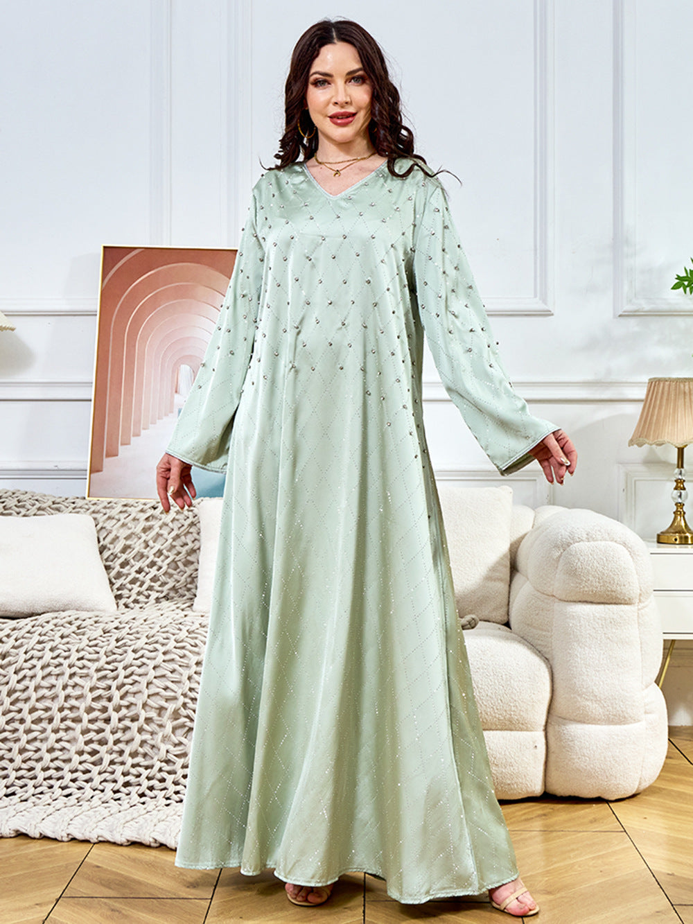Solid Color Studded Rhinestones Abaya