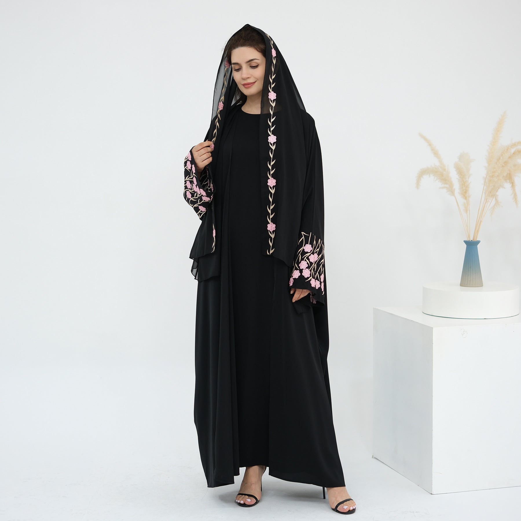 Flower Embroidery Cardigan Abaya with Hijab