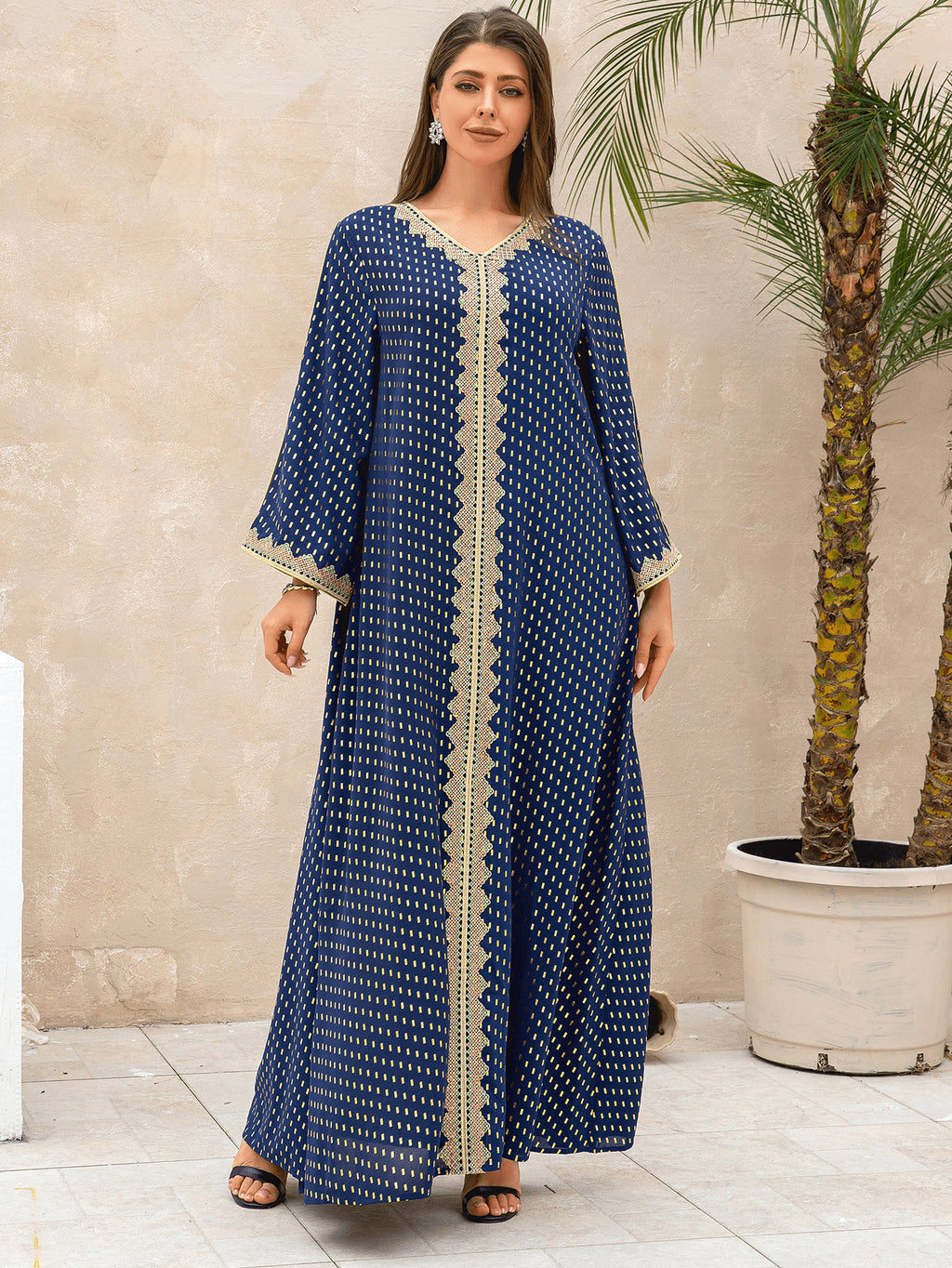 Lace Tape V-Neck Kaftan - Blue