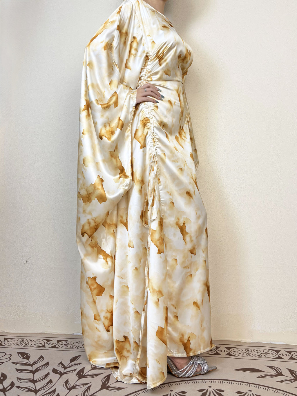 Yellow Waist-Cinched Printed Abaya