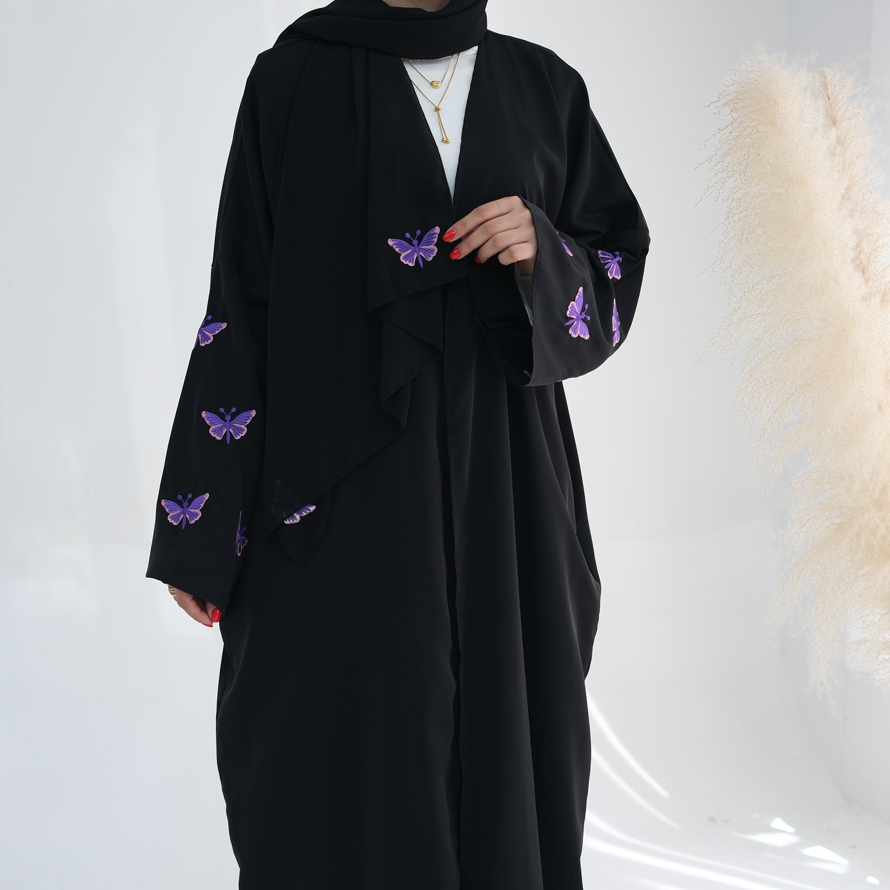 Embroidered Butterfly Print Kaftan with Hijab