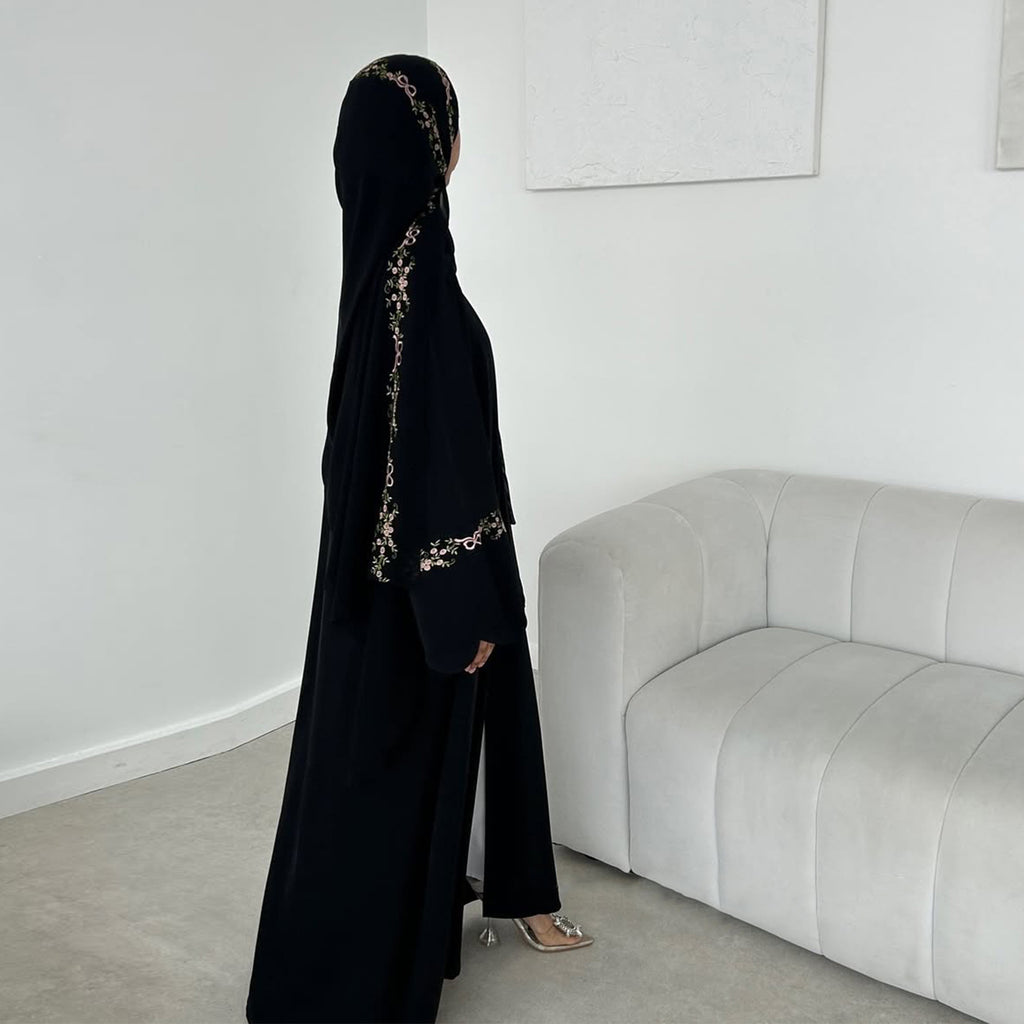 Flower Embroidered Solid Color Cardigan Abaya