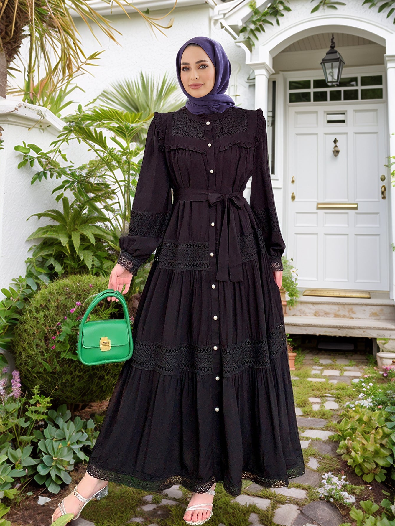 Lace Cutout Stand-up Neck Abaya